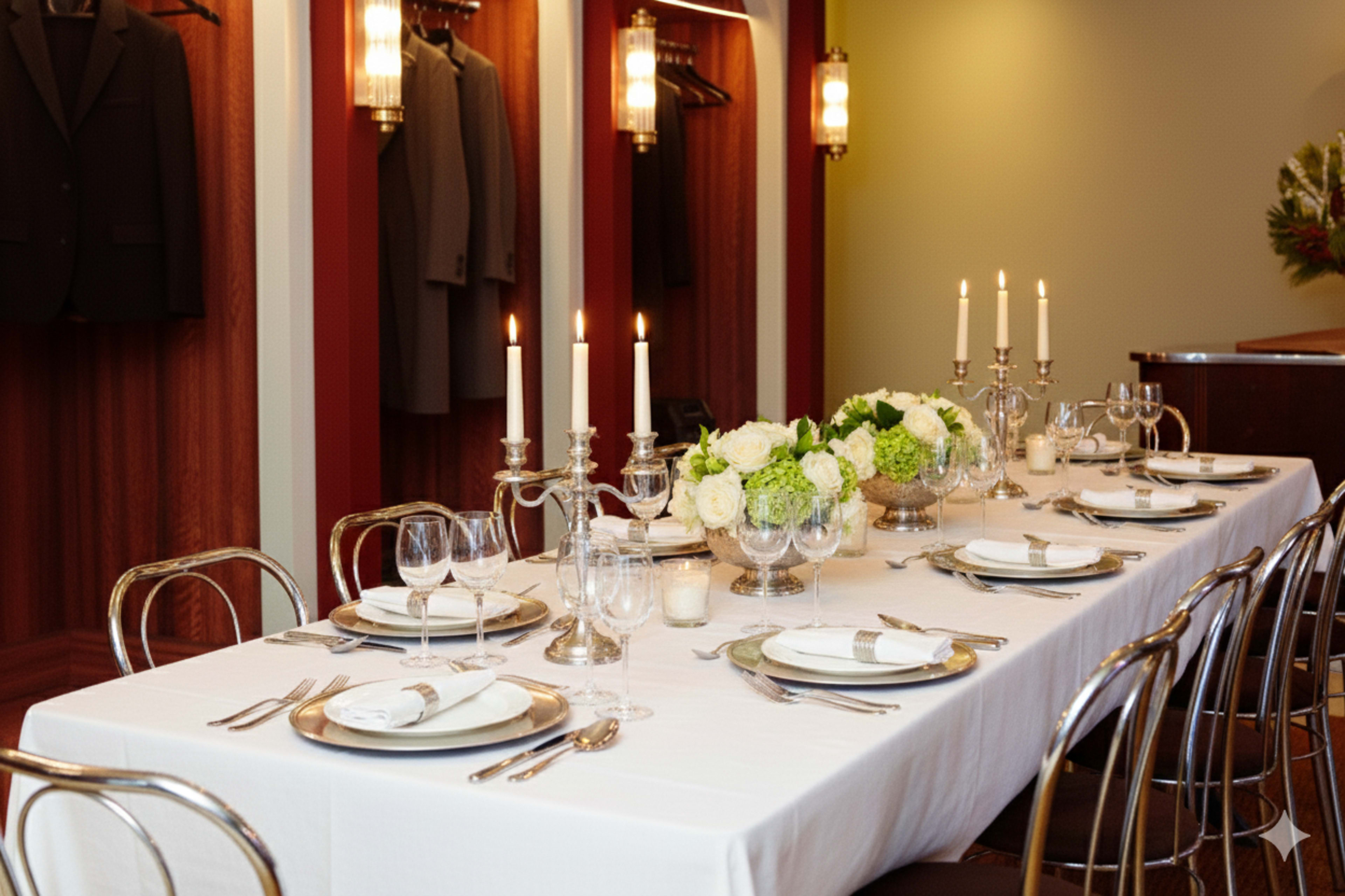 A long dining table is elegantly set with silverware, glassware, and white floral arrangements, surrounded by chairs against a backdrop of hanging suits.