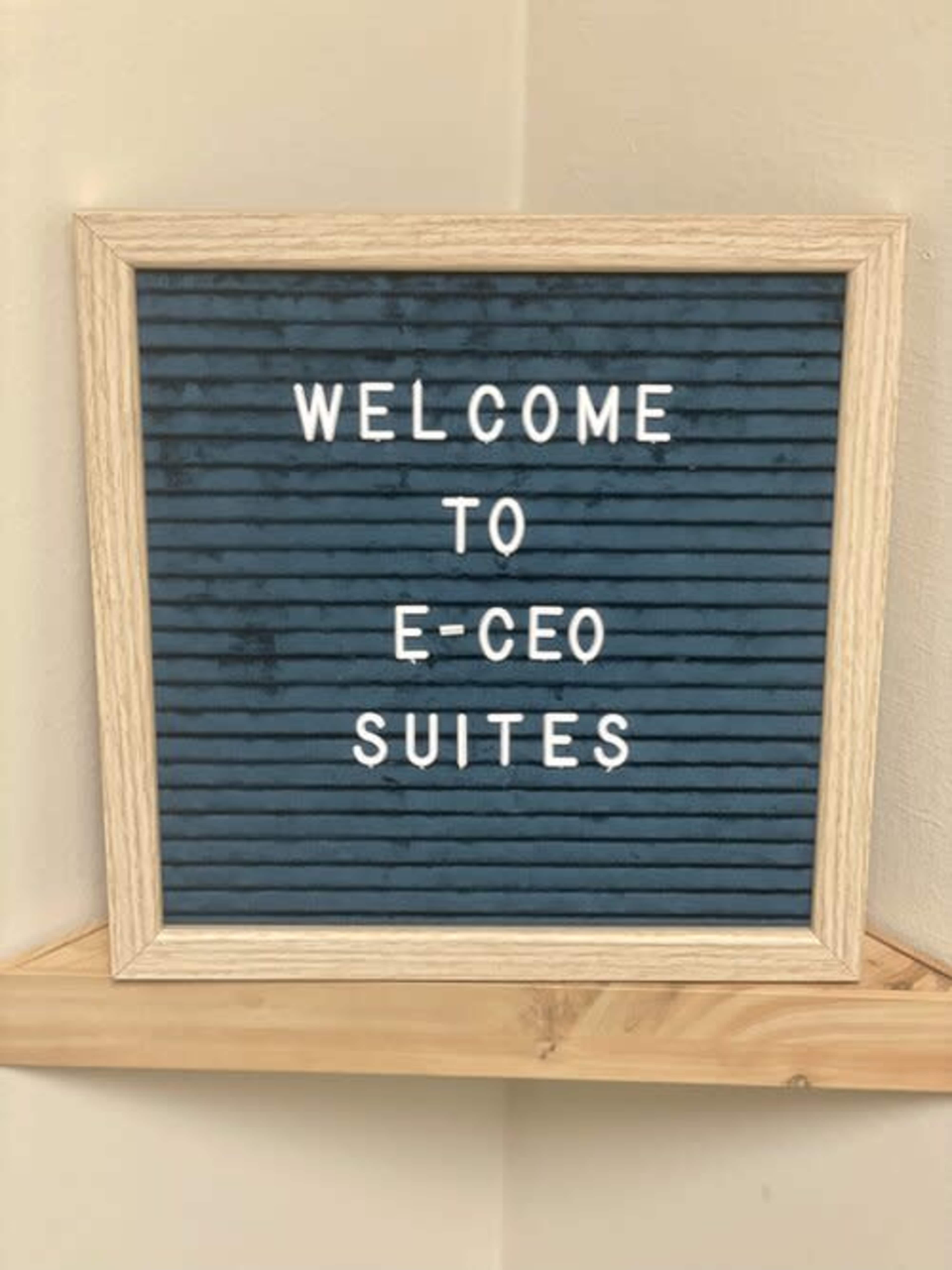 The image shows a decorative sign that reads "WELCOME TO E-CEO SUITES" mounted on a wall.