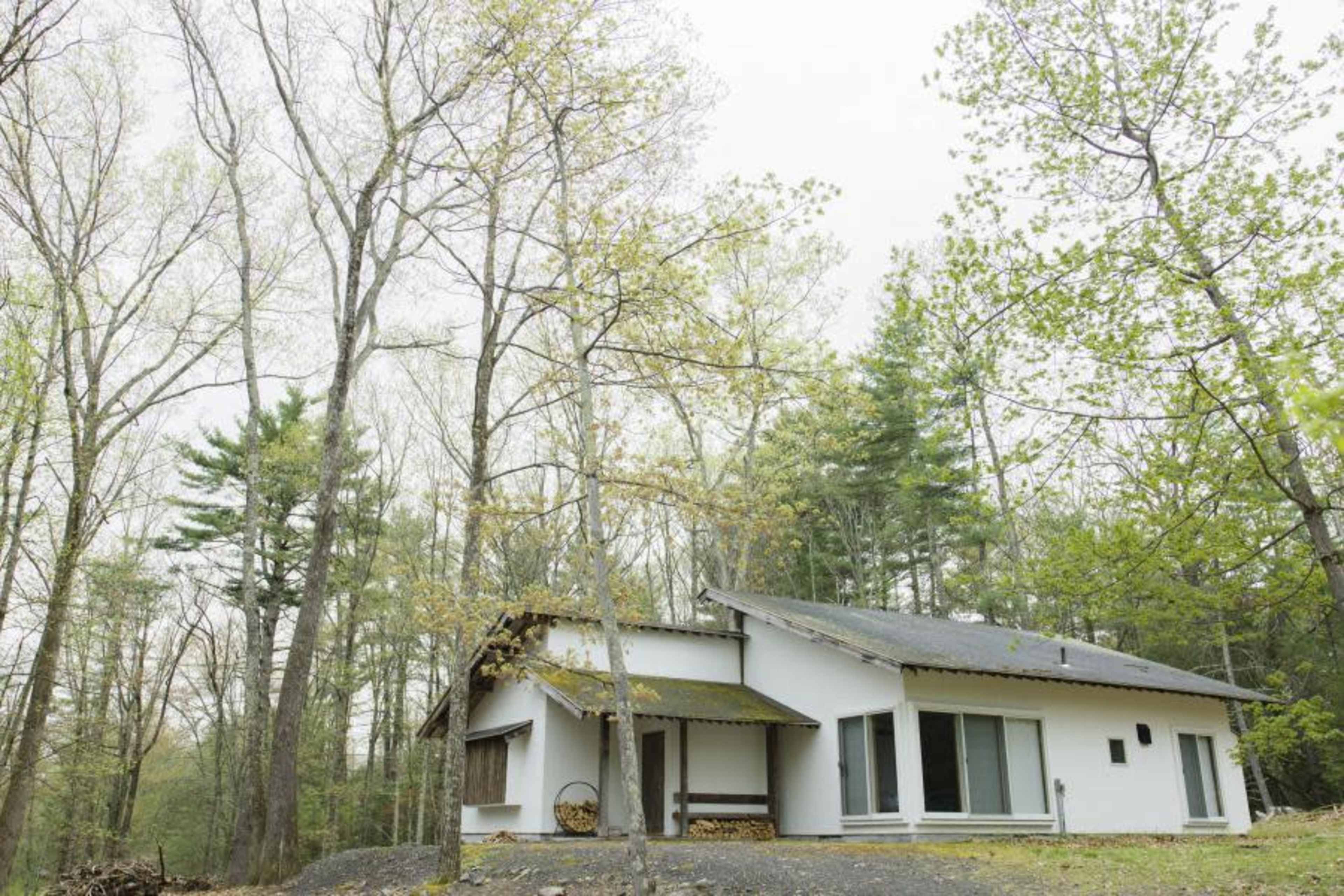 A modern white house with large windows is surrounded by leafless trees and greenery in a wooded area.