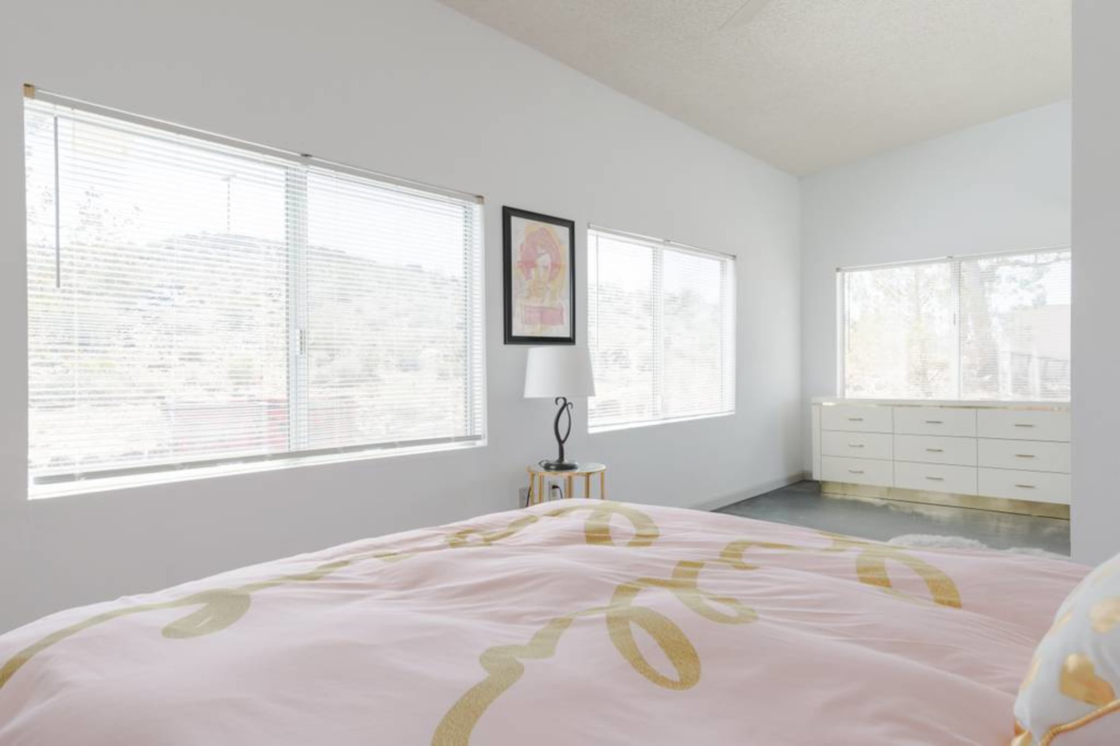 A bright bedroom features large windows with blinds, a lamp beside the bed, and a dresser along one wall.