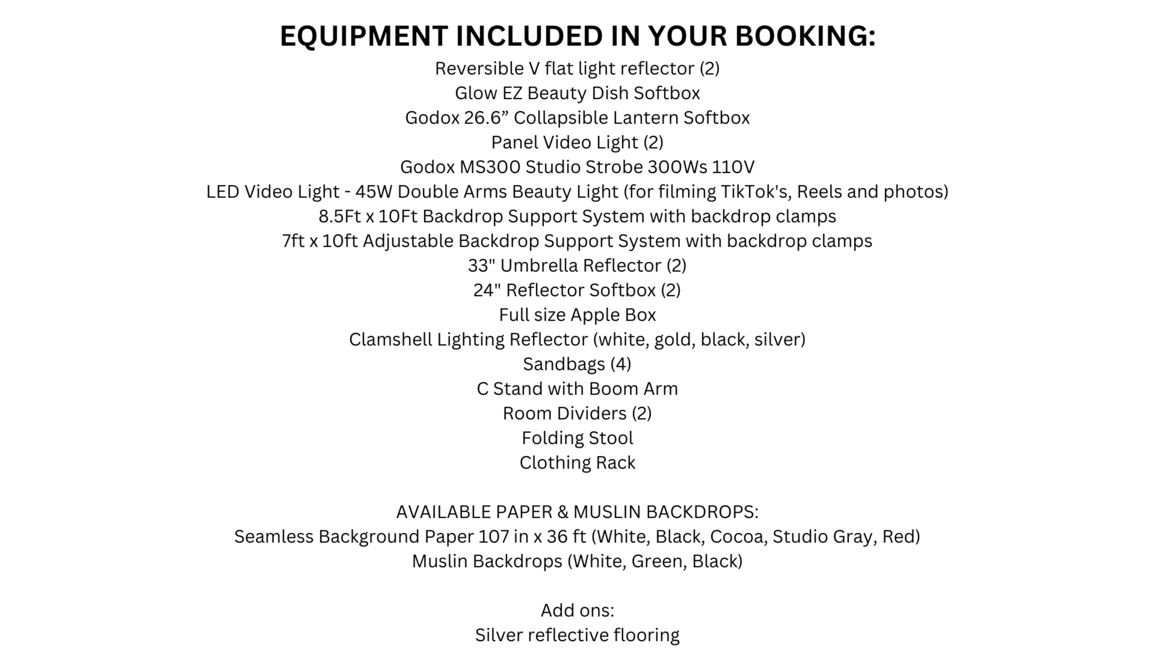 A list of equipment included in a booking, detailing various lighting tools, reflectors, backdrops, and associated accessories.