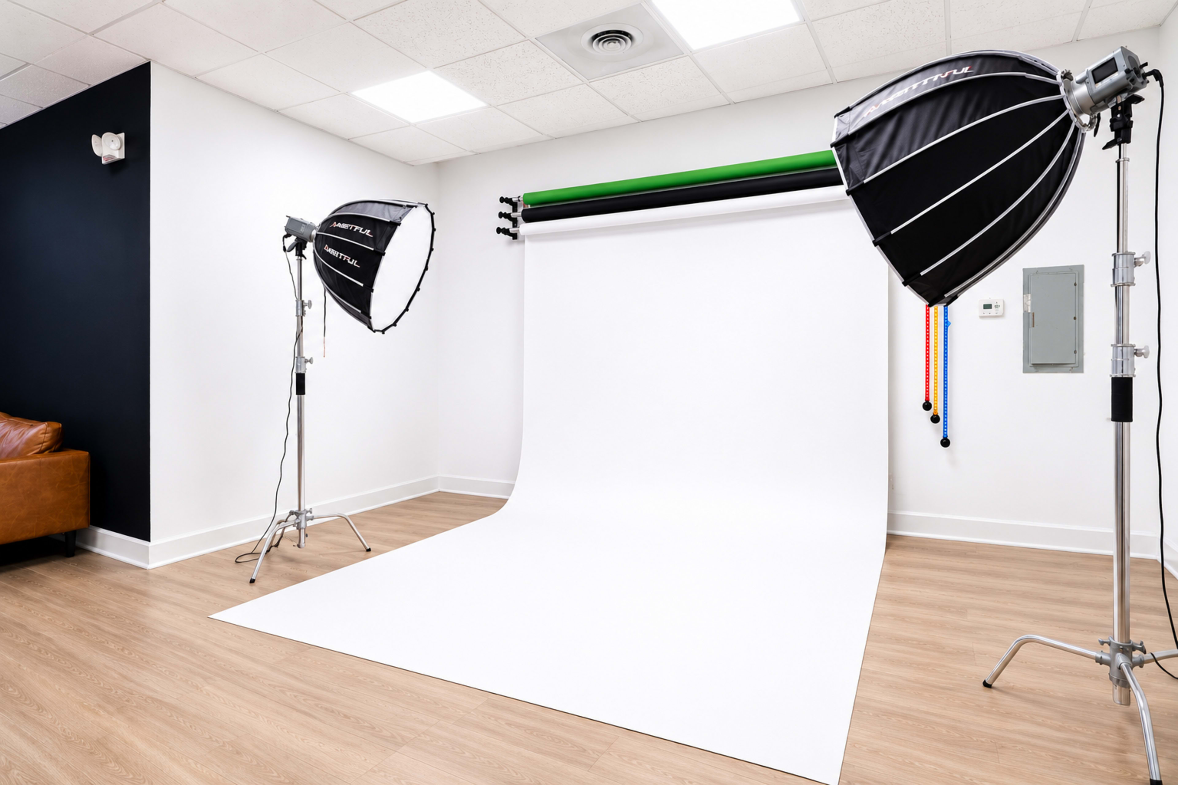 The image shows a photography studio with a white backdrop and two softbox lighting setups on either side.
