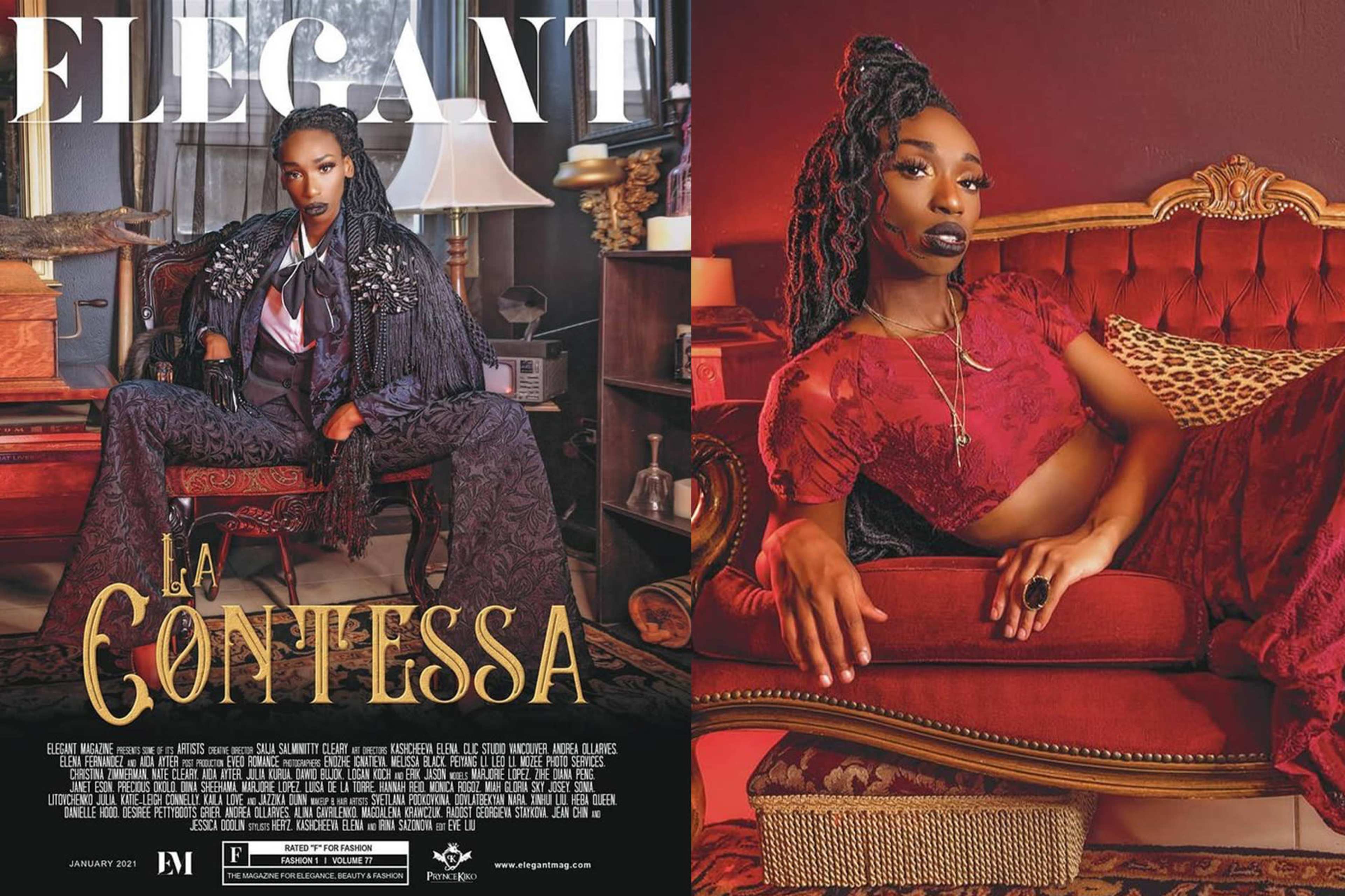 A fashion magazine cover displaying two models in stylish outfits, with one in a black ensemble and the other in a red outfit, seated in a lavishly decorated room.