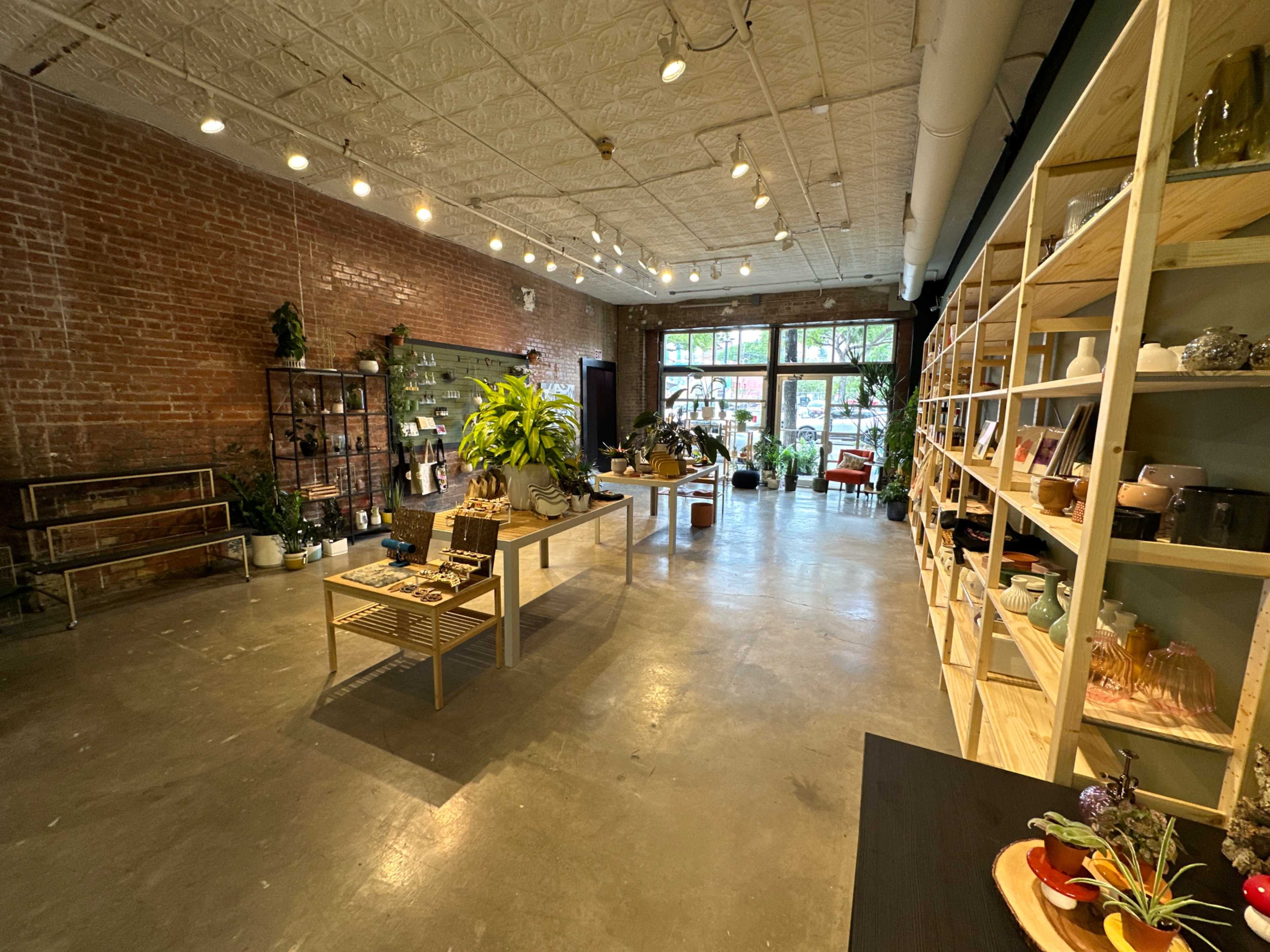A spacious retail store features wooden shelves filled with various products, potted plants, and large windows allowing natural light to enter.