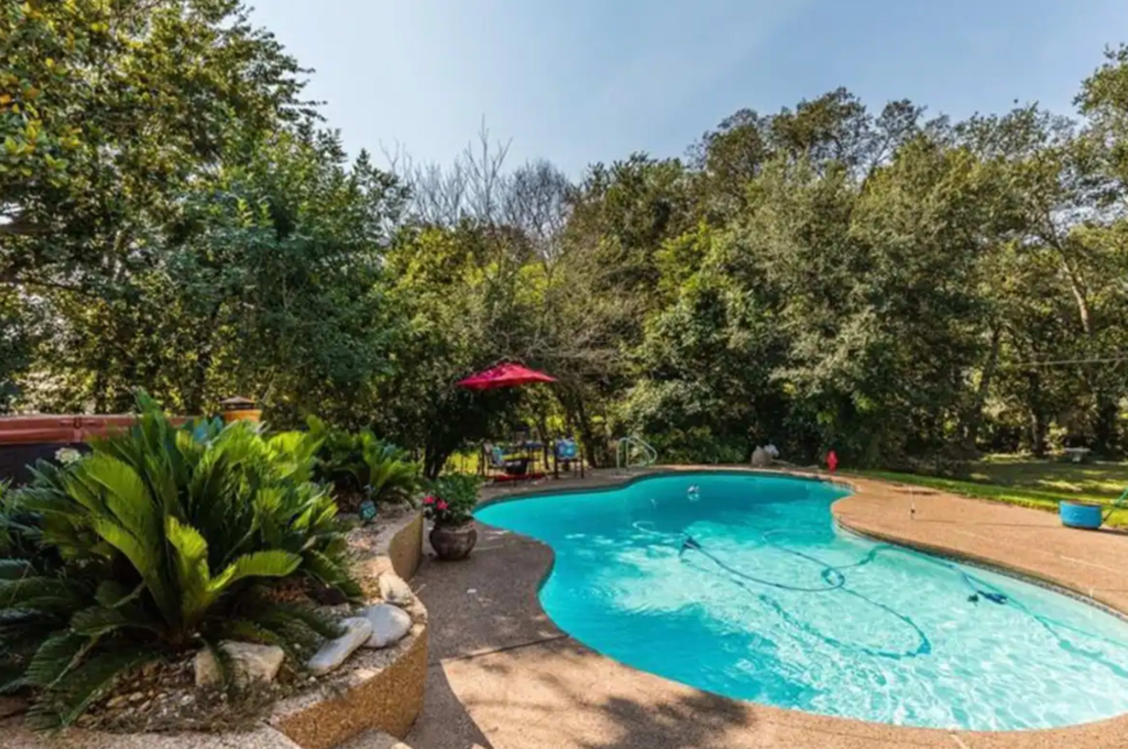 A pool with a curved edge is surrounded by greenery and features a shaded seating area with a red umbrella.
