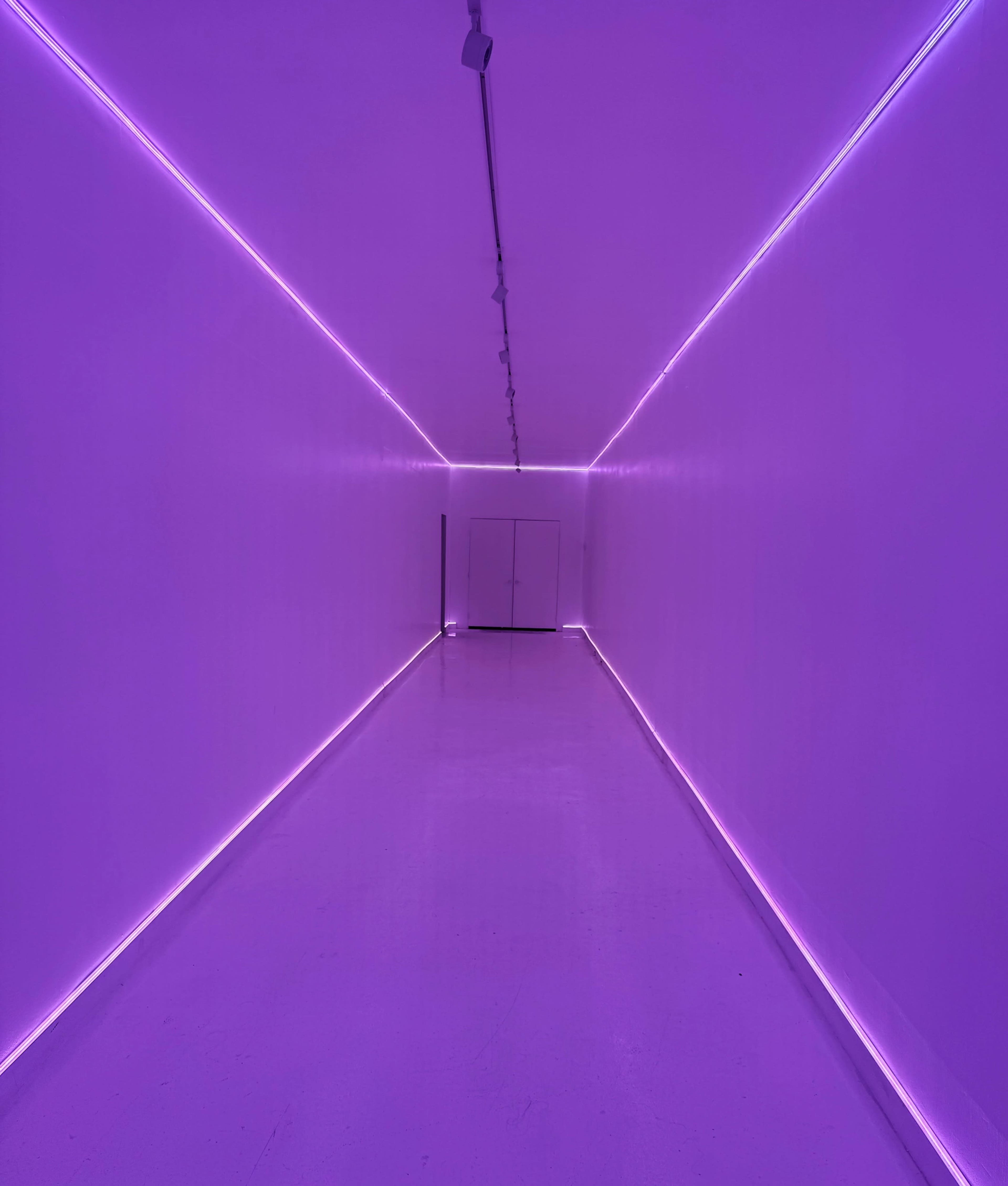 A long, narrow corridor is illuminated by purple LED lights along its edges, leading to a door at the far end.