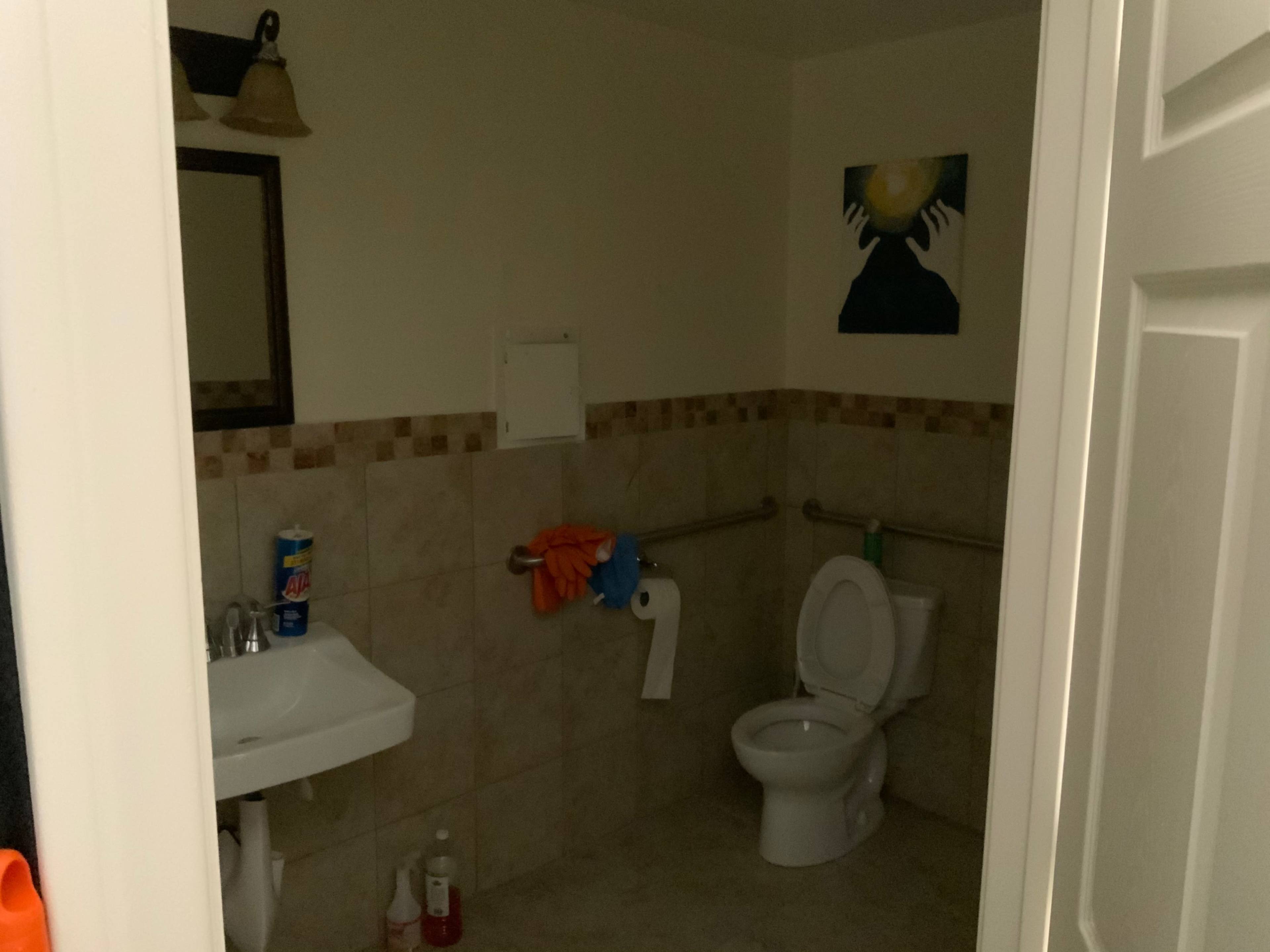 A small bathroom featuring a toilet, a sink with a mirror, and a painting on the wall, with tiled walls and a roll of toilet paper visible.