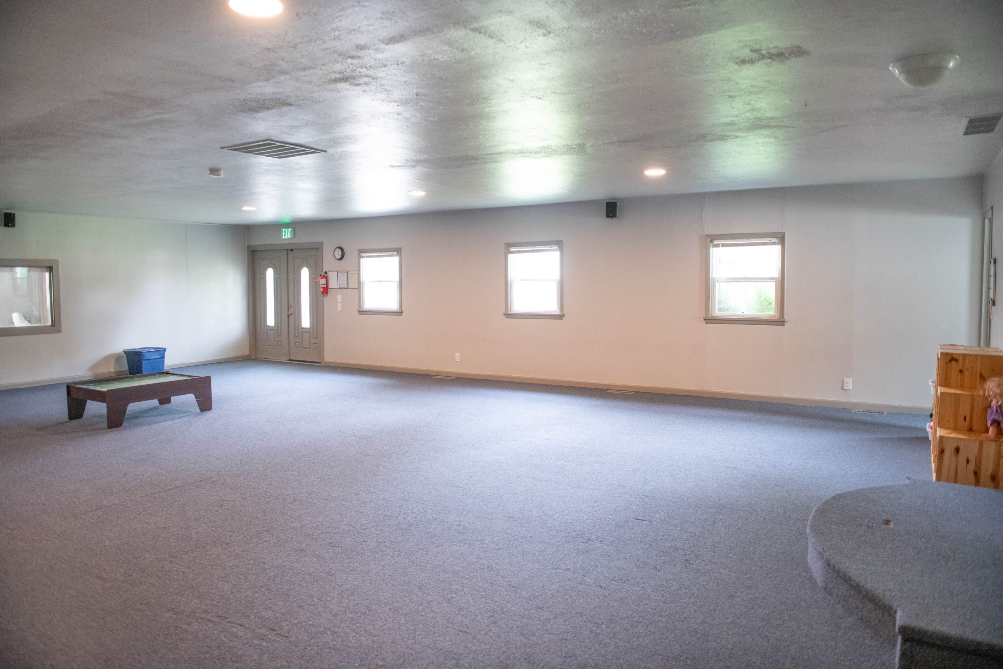 An empty room with gray carpet, several windows, and a plain door at one end.