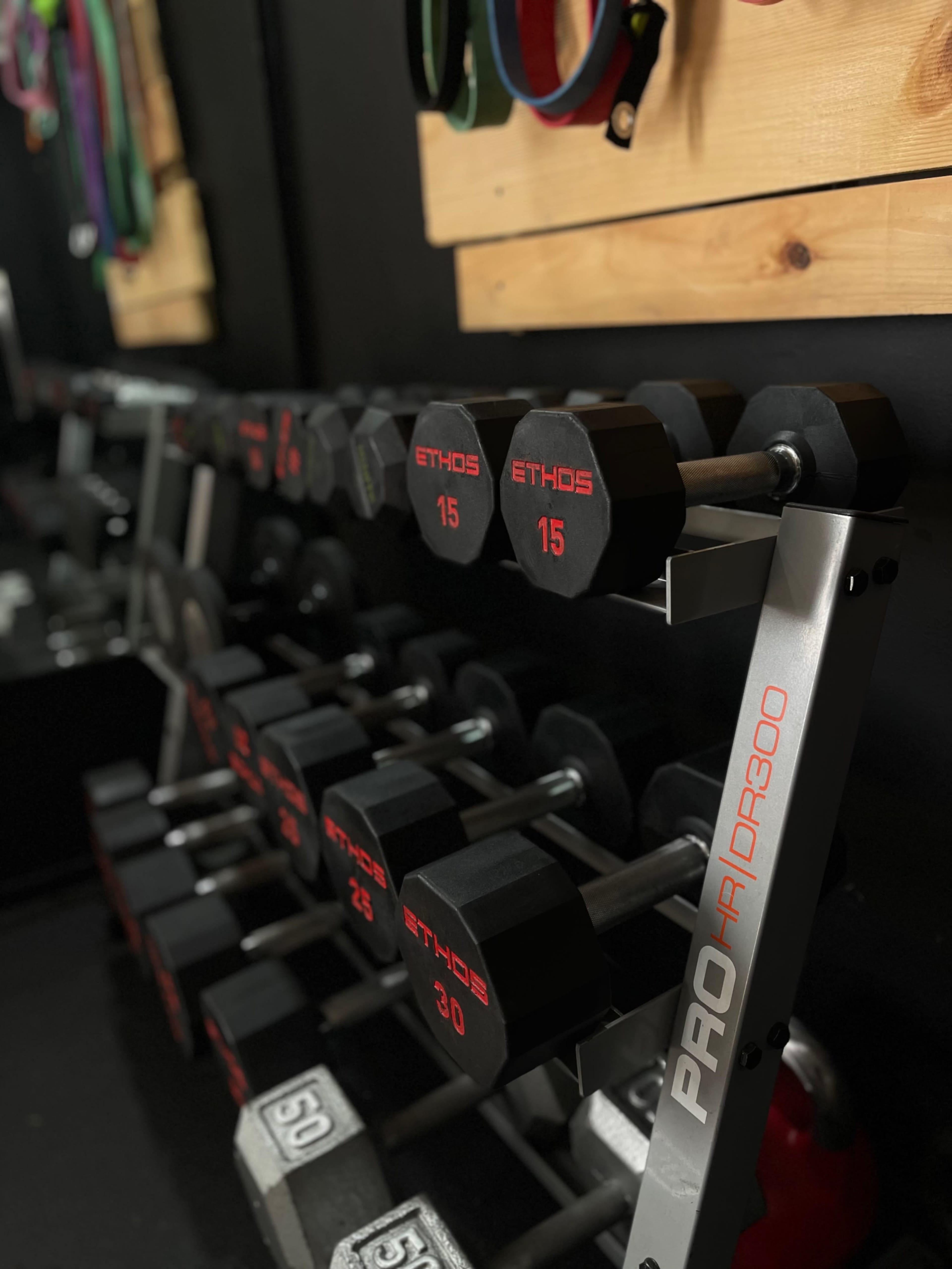 A rack of black dumbbells labeled with their weights is positioned against a dark wall in a gym.