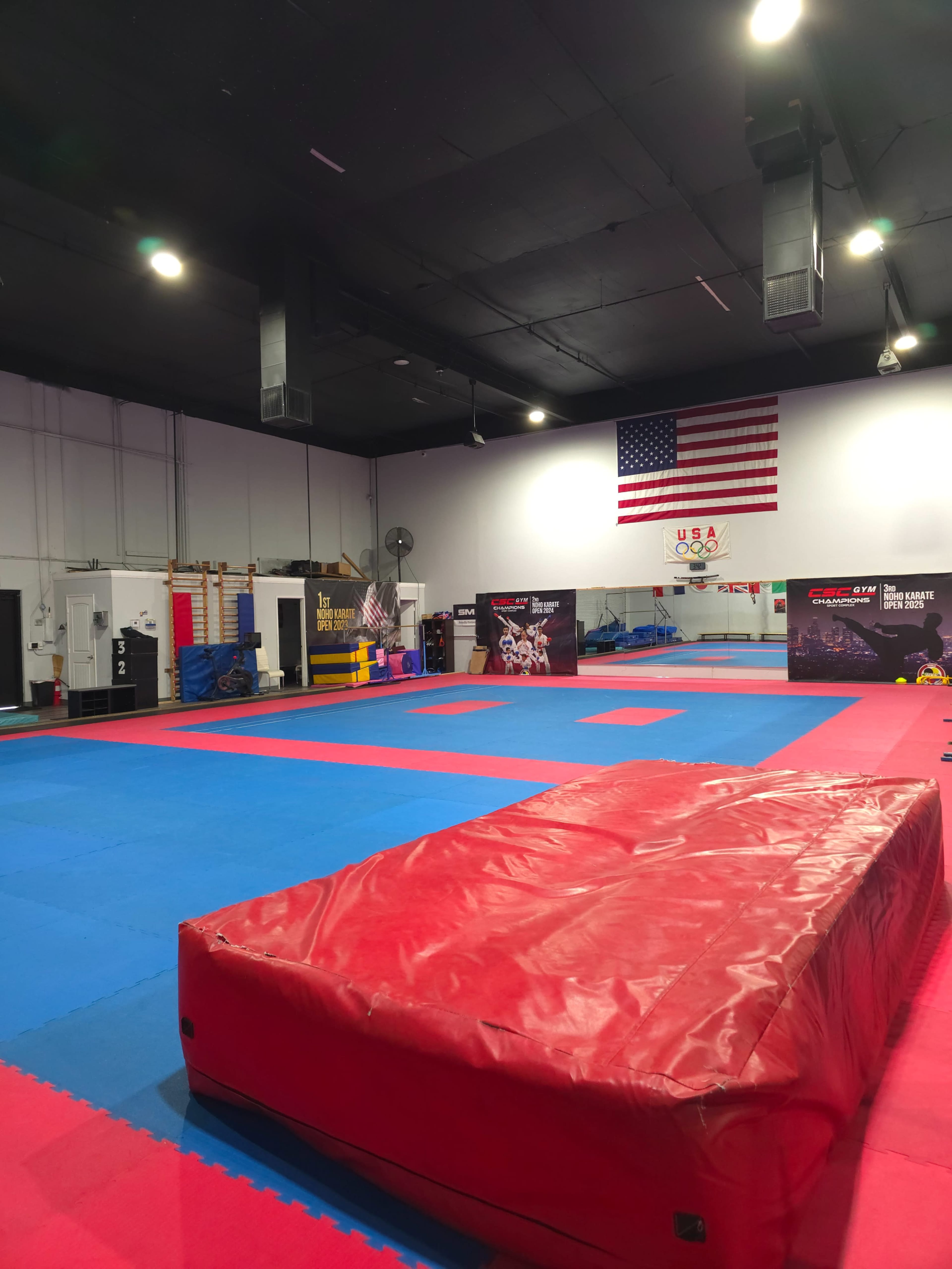 The image shows an indoor martial arts training facility with blue and red mats, a large red mat in the center, and an American flag hanging on the wall.