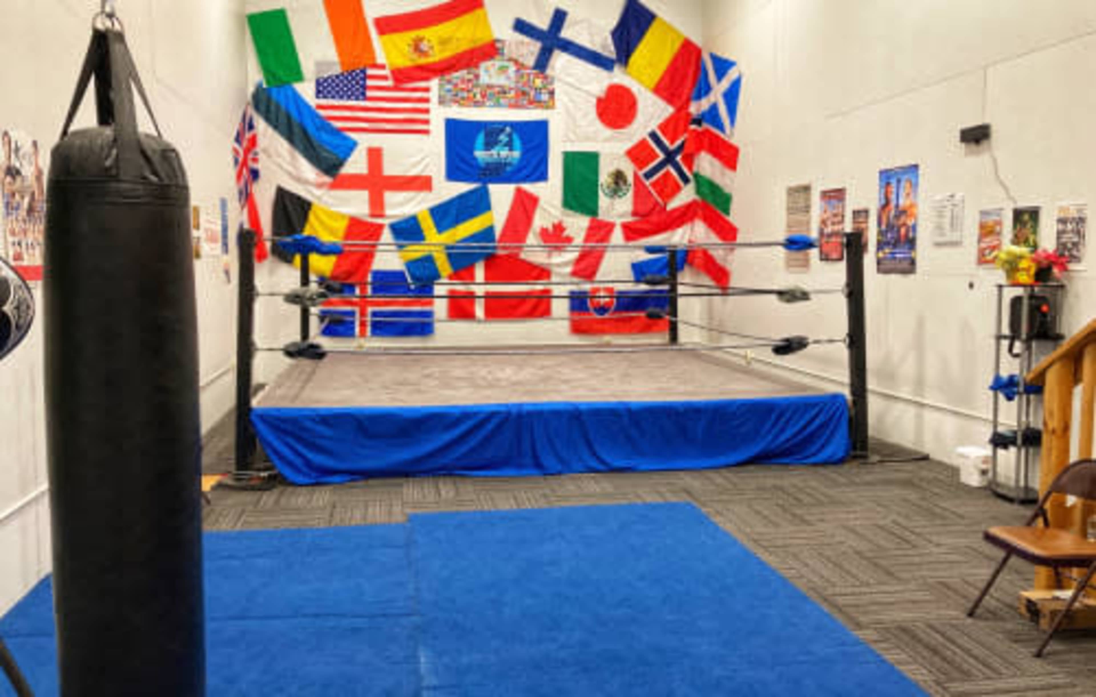 The image shows a wrestling ring surrounded by various national flags displayed on the wall, with a punching bag and blue mat on the floor.
