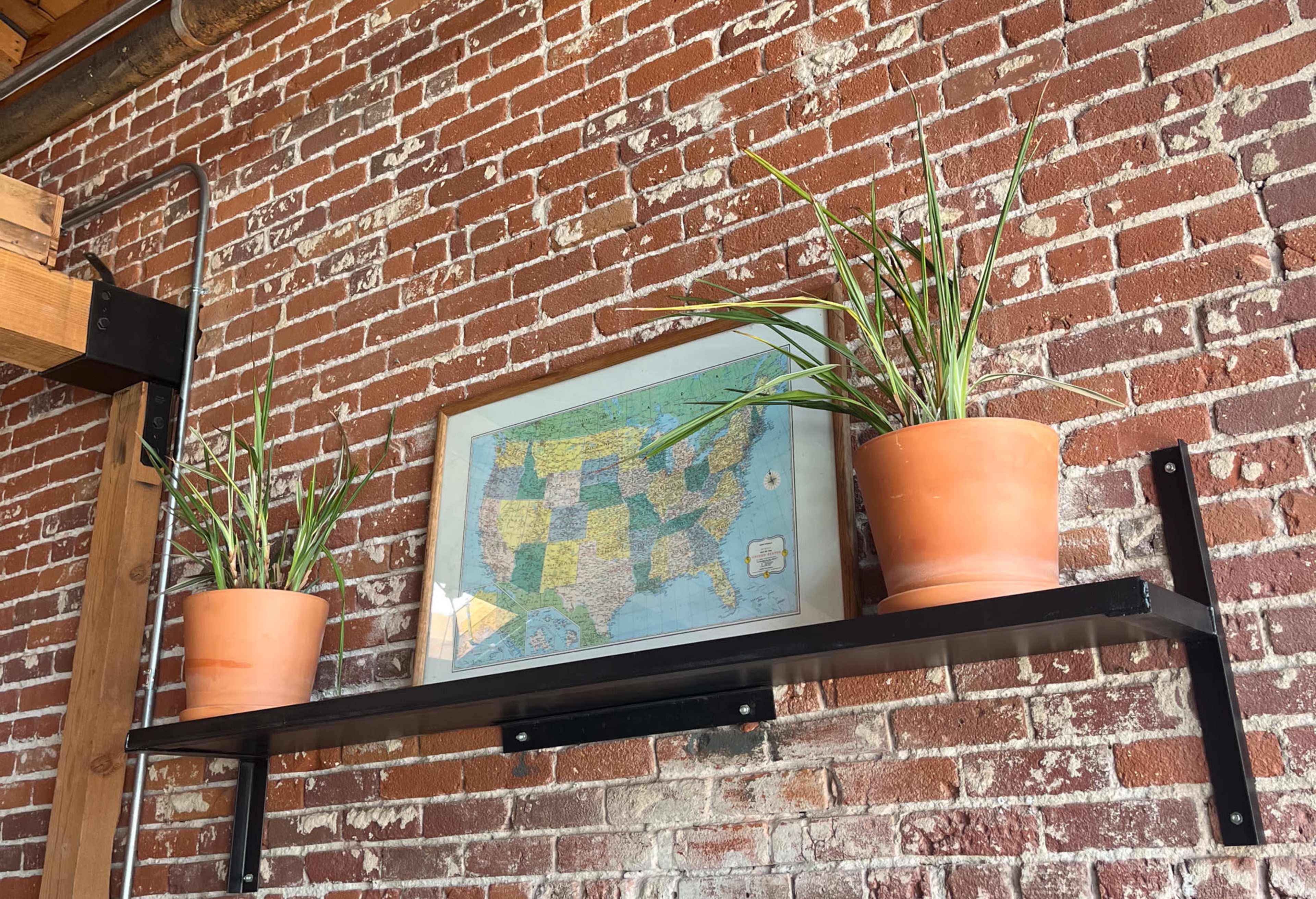 A black shelf holds two potted plants and a framed map on a brick wall.