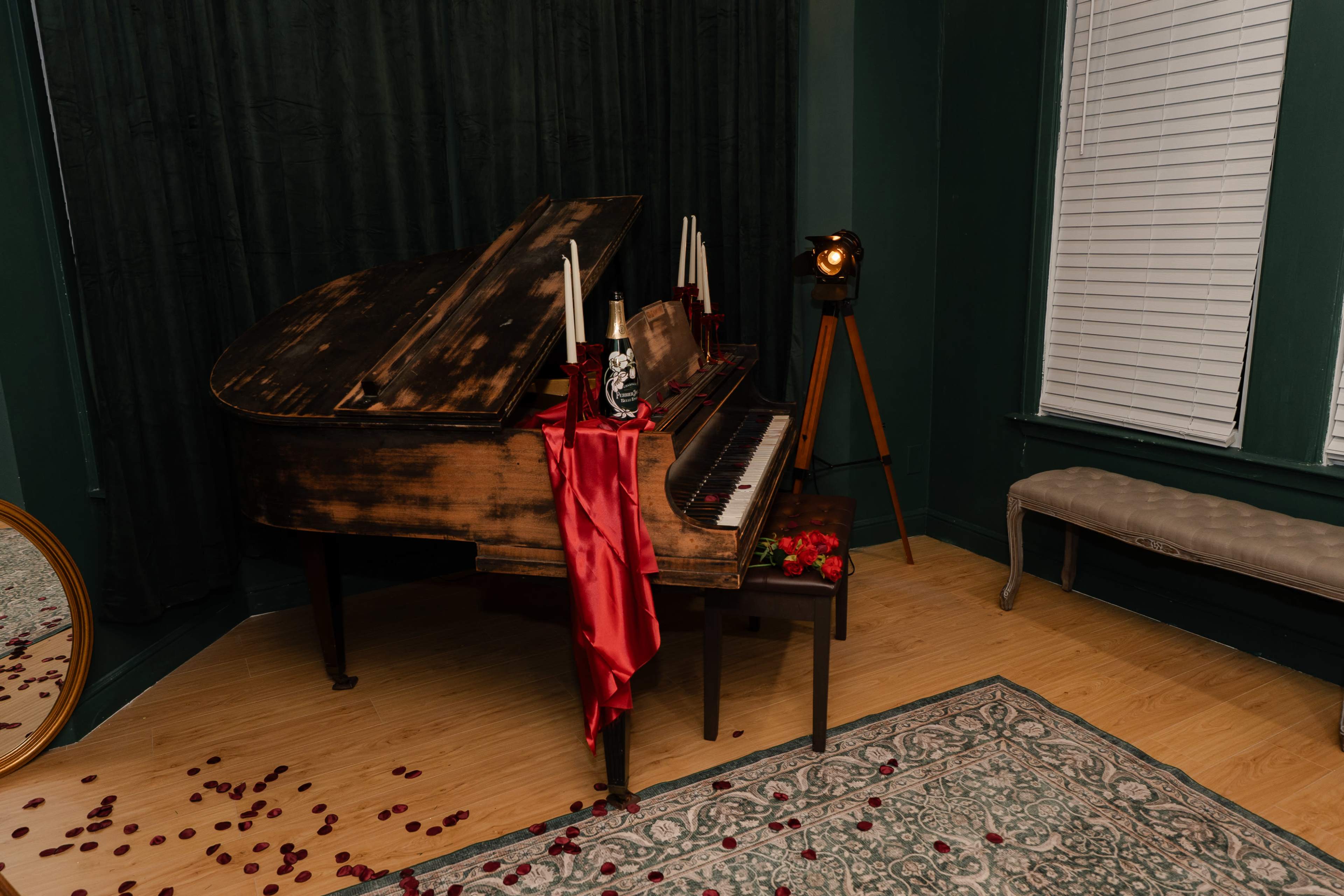 Natural Light Studio with Backdrop, Piano, and Bookshelf for Photo & Video Image in Peak's Suburban Addition, Dallas, TX