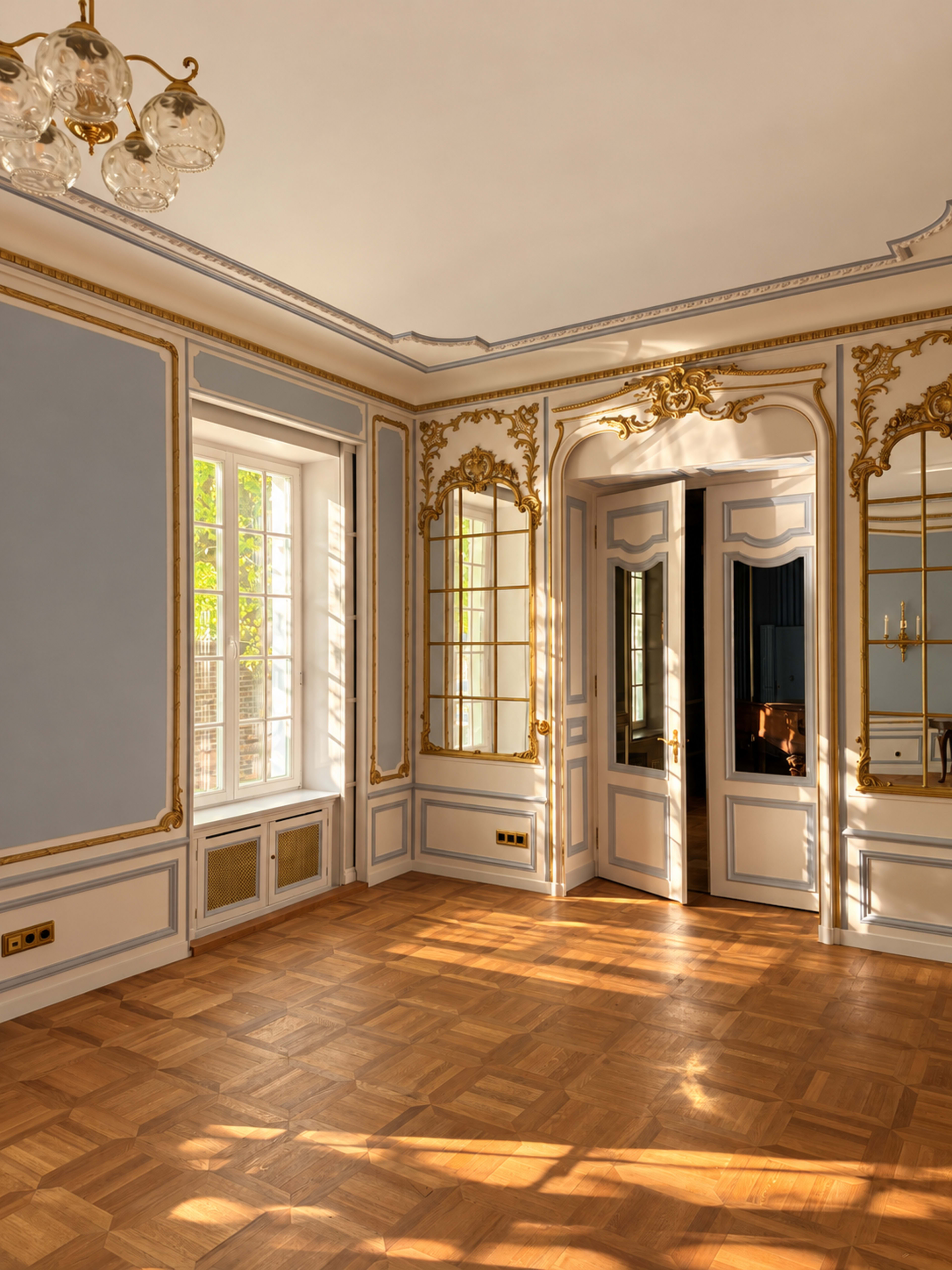 The image shows an elegant room with ornate moldings, large windows allowing natural light, and a wooden parquet floor.