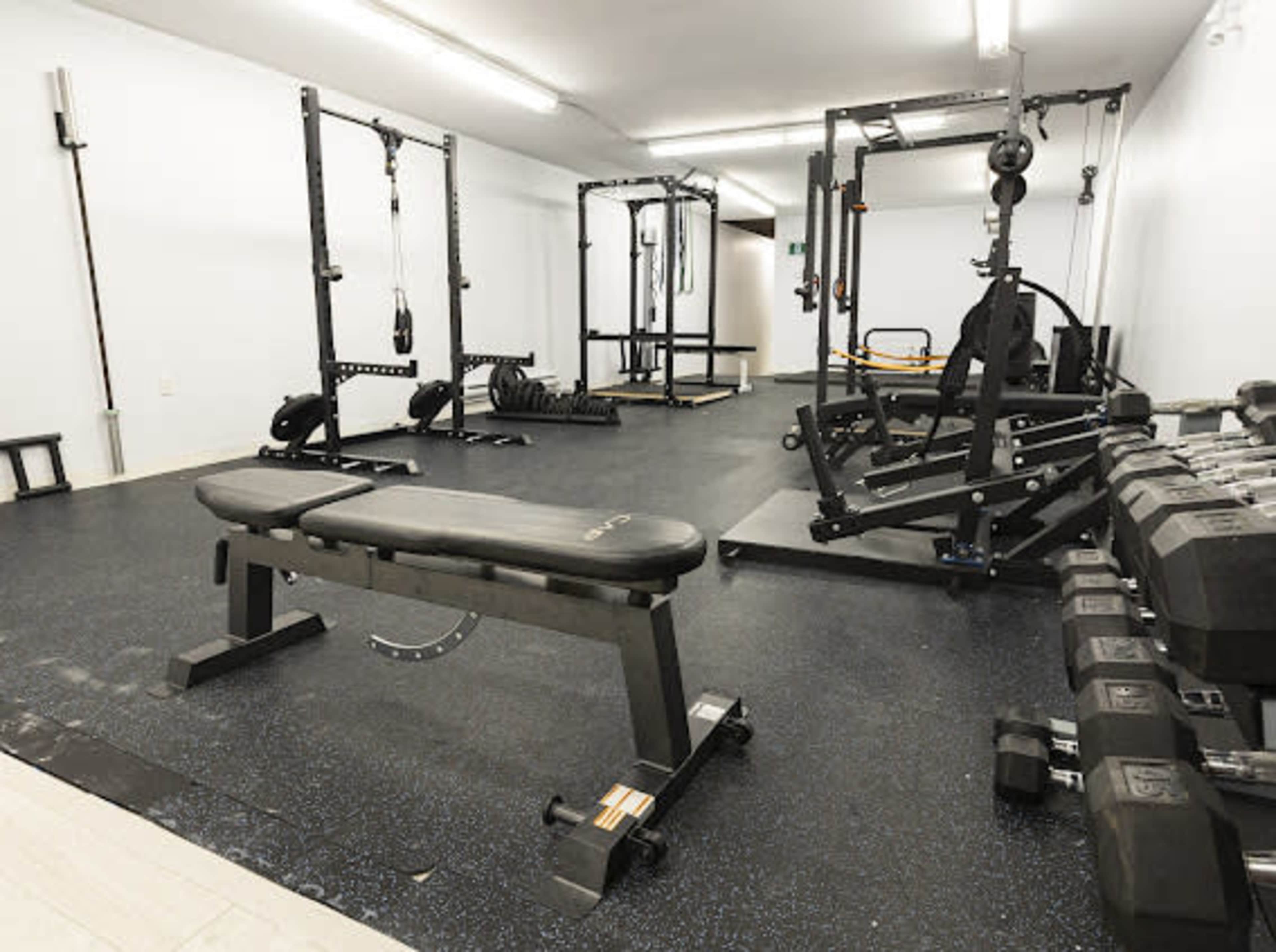 A spacious fitness room equipped with various weightlifting machines, dumbbells, and an adjustable bench.
