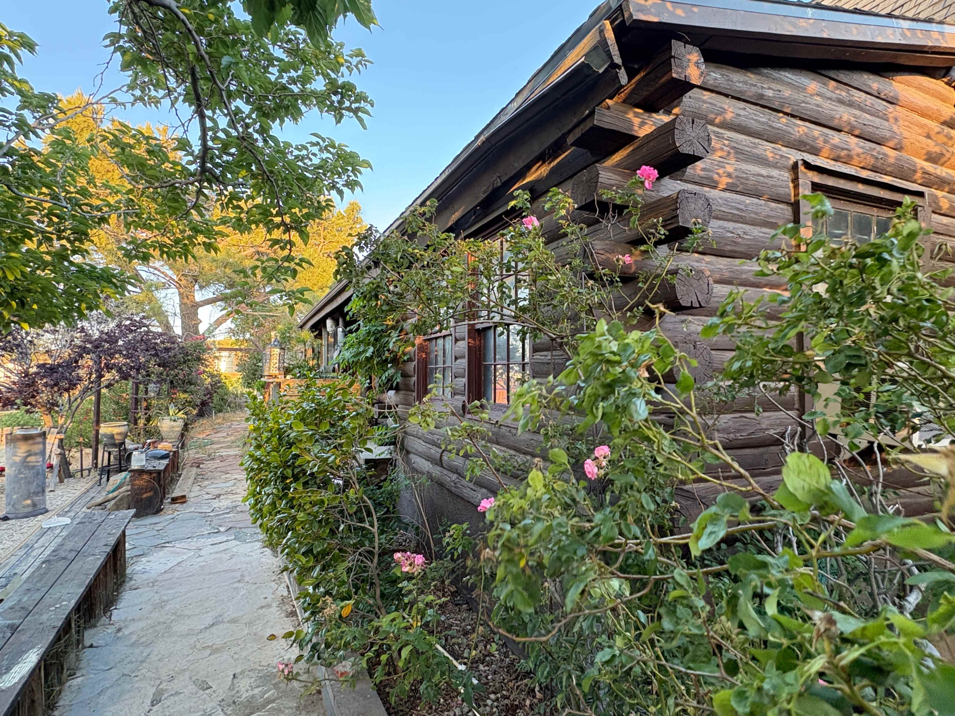 The image shows a log cabin surrounded by greenery and flowers, with a stone pathway leading to it.