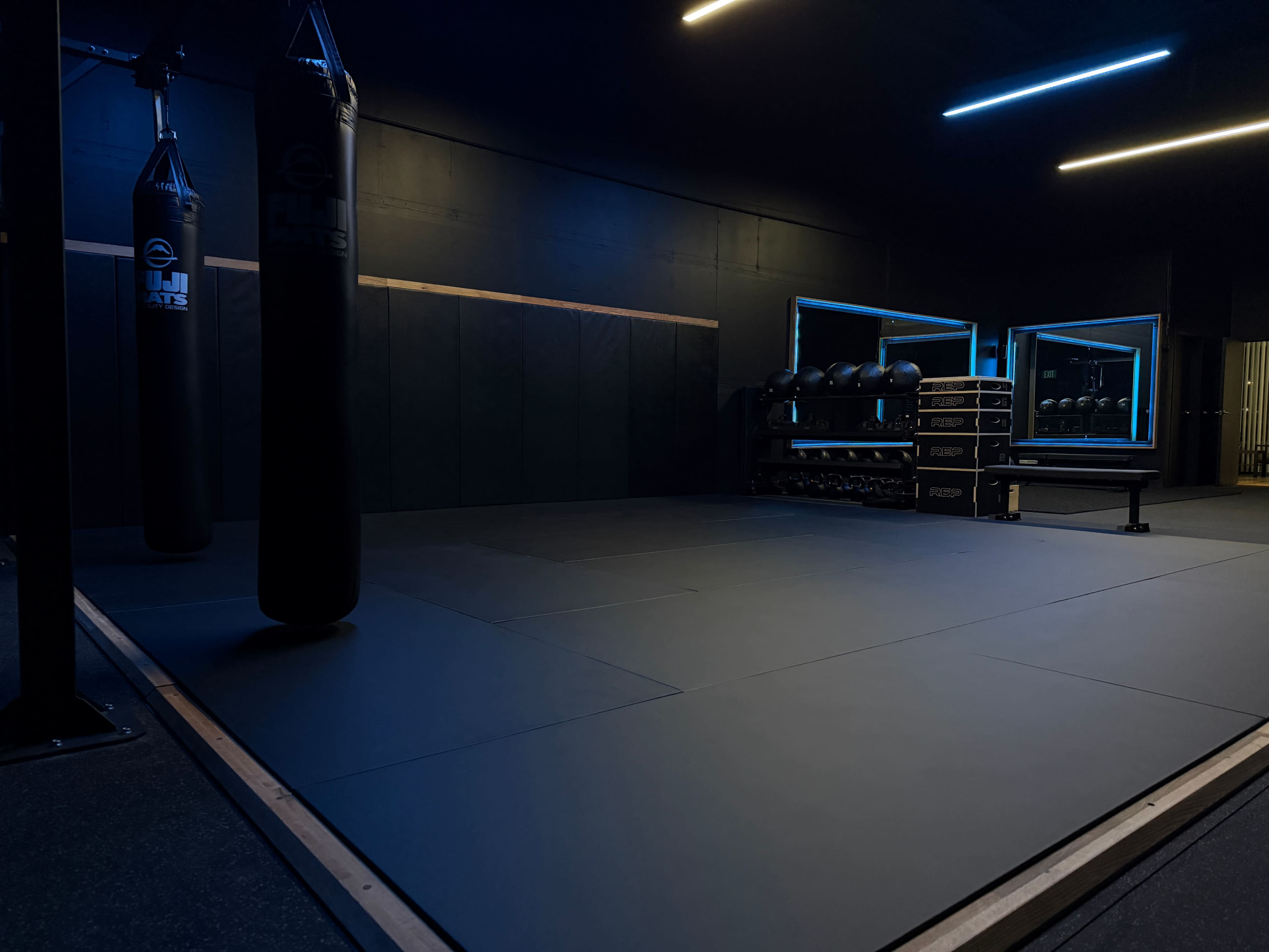 The image shows a dimly lit gym interior featuring boxing bags, a padded floor, and shelving with exercise equipment.