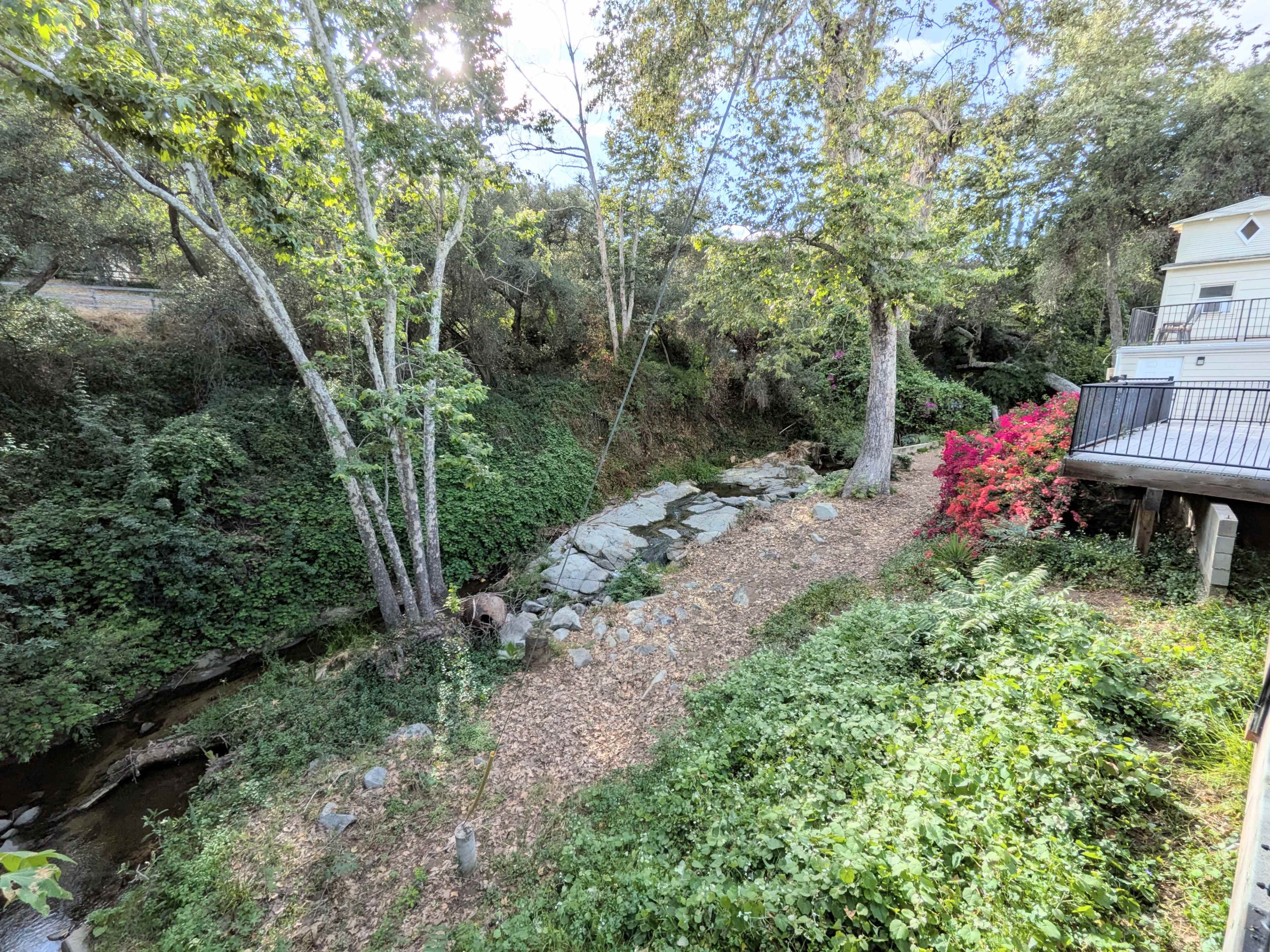 The image shows a grassy and rocky area alongside a stream, bordered by trees and a house with a balcony in the background.