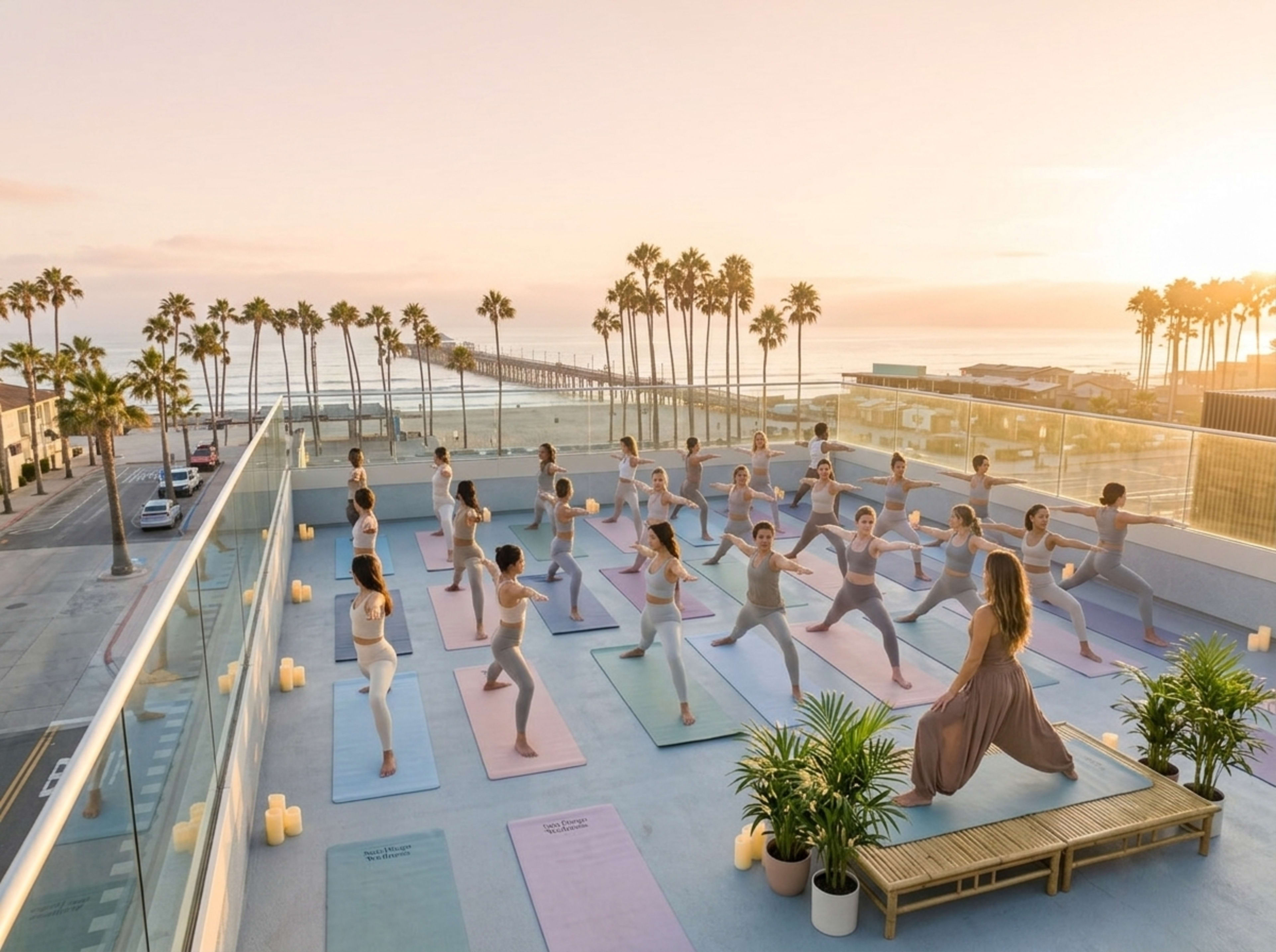 A group of people practice yoga on a rooftop deck overlooking a beach with palm trees and a pier in the background during sunset.