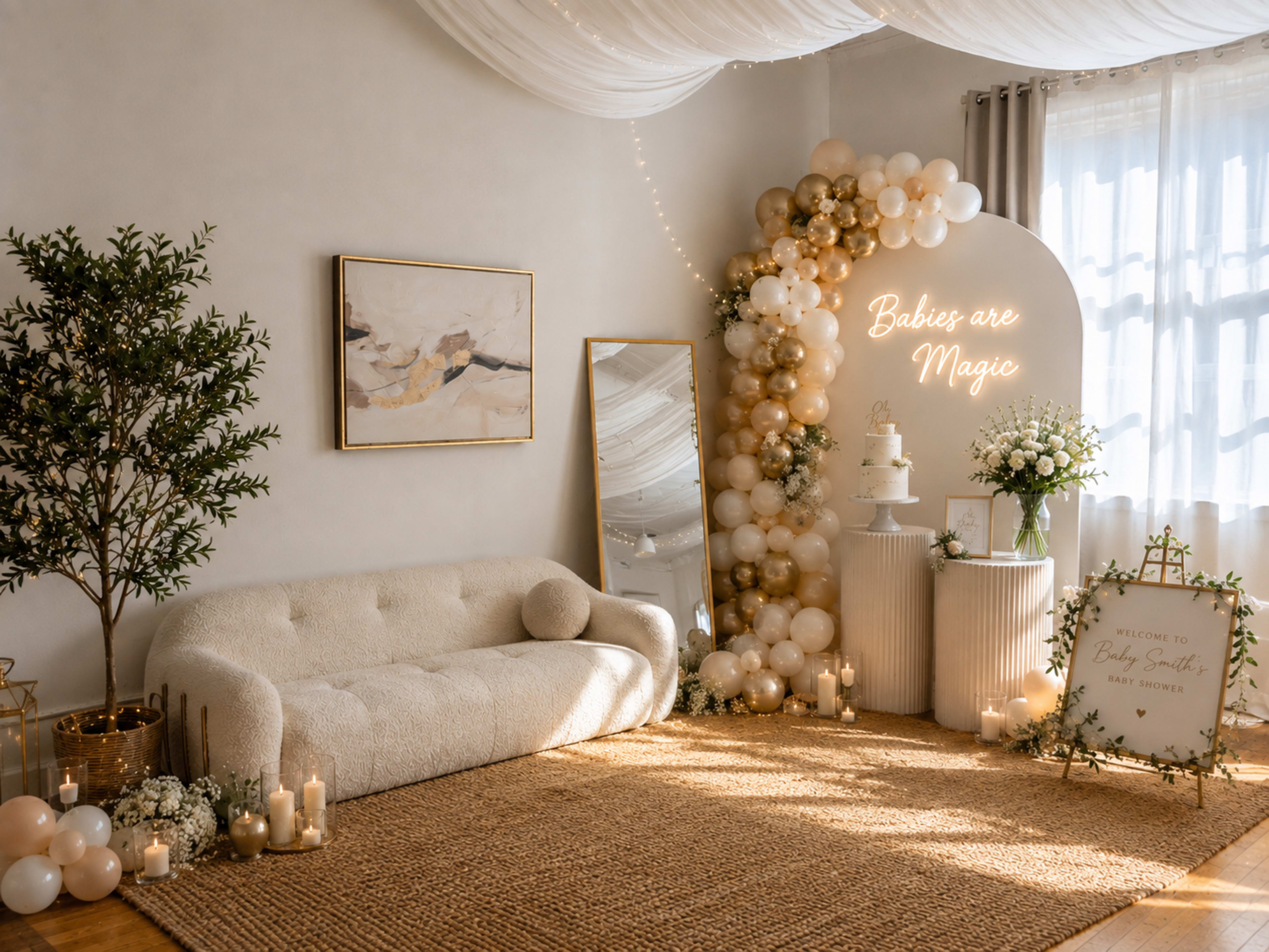 The scene features a decorated room with a cozy couch, a large mirror, a balloon arch, floral arrangements, and candles, all set up for a baby shower event.