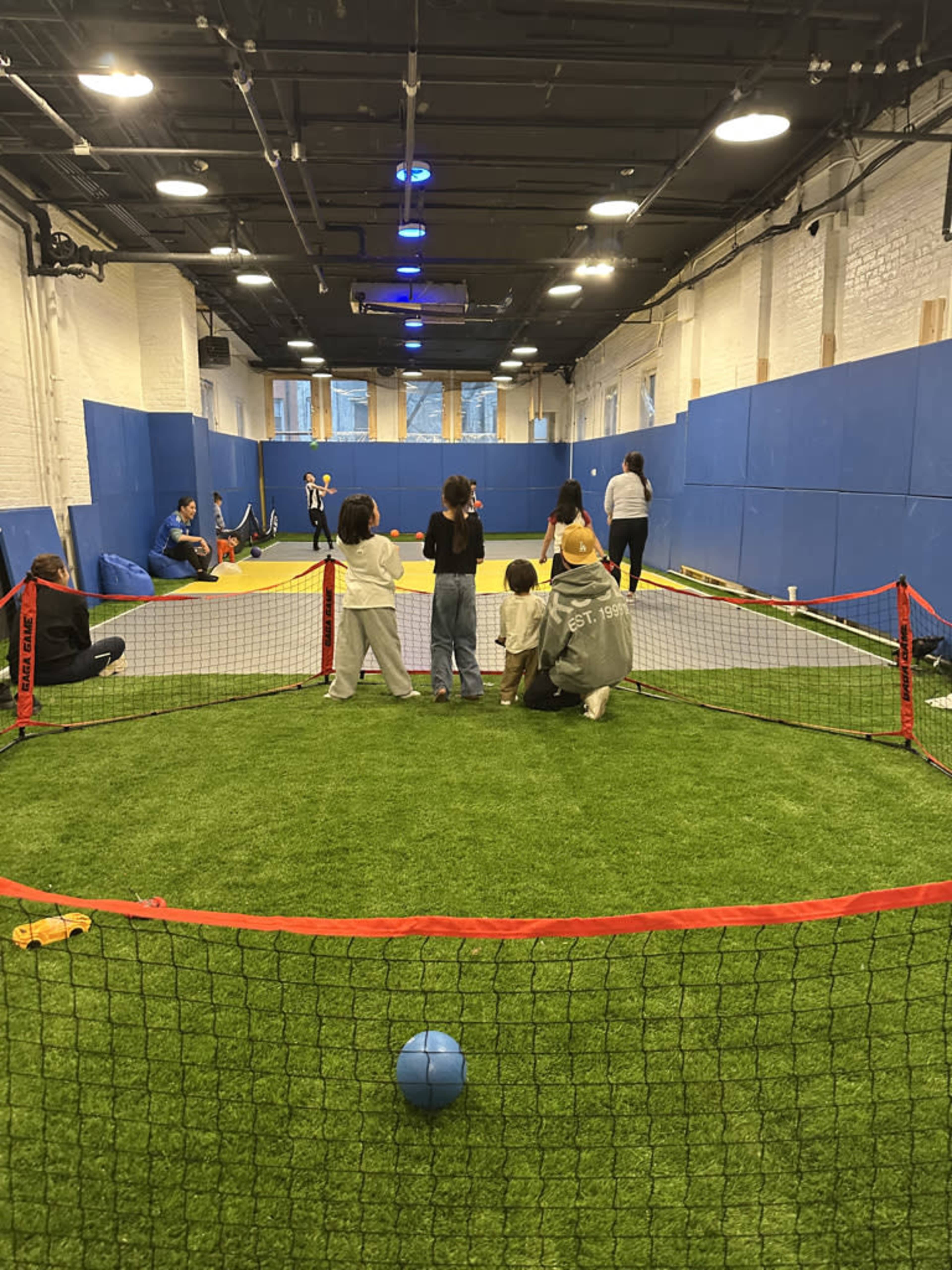 Children play in a recreational indoor space surrounded by blue walls and a green turf area, with a netted playing field set up for activities.