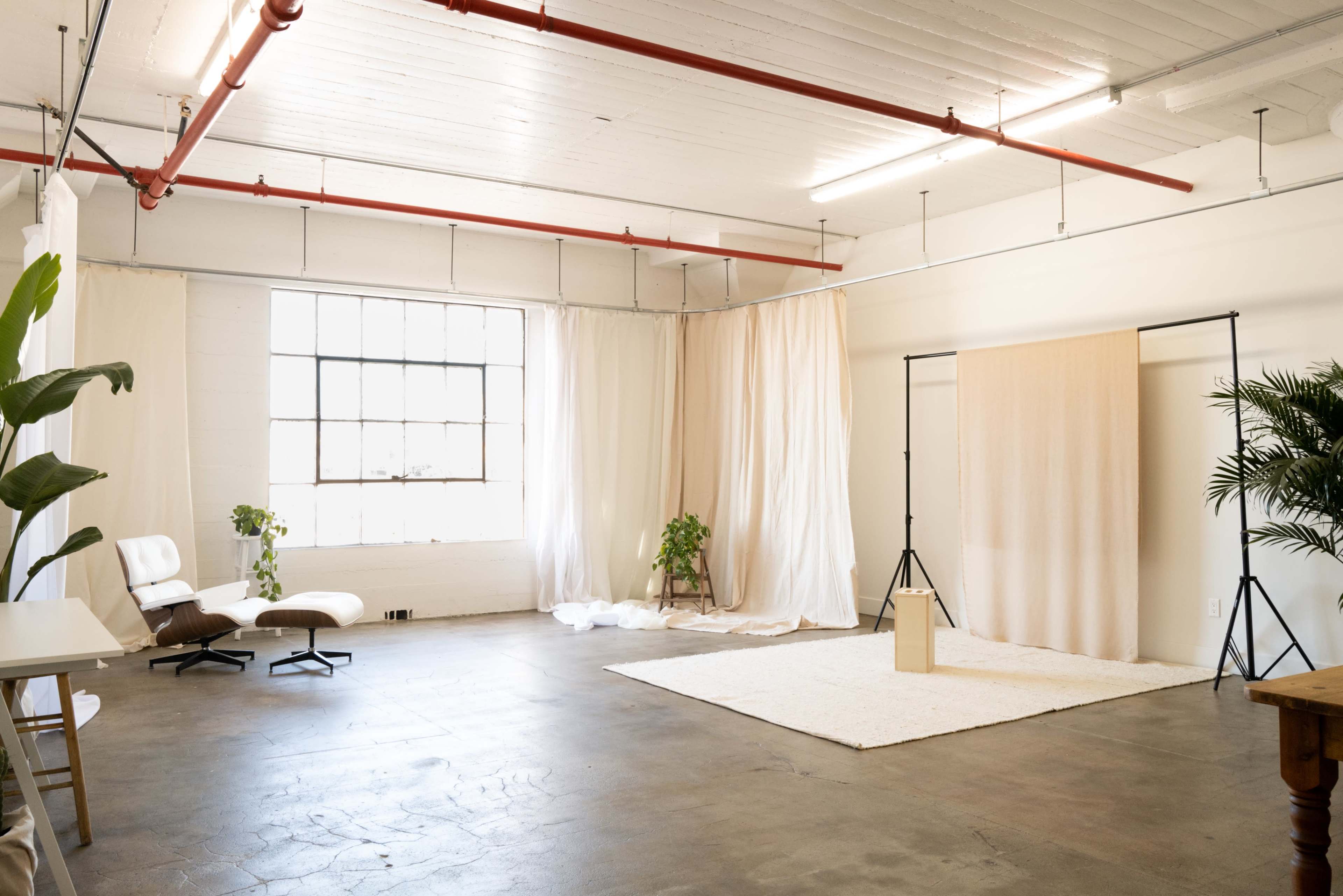 A spacious, well-lit studio with large windows, light-colored walls, and simple decor, including plants and a backdrop setup.