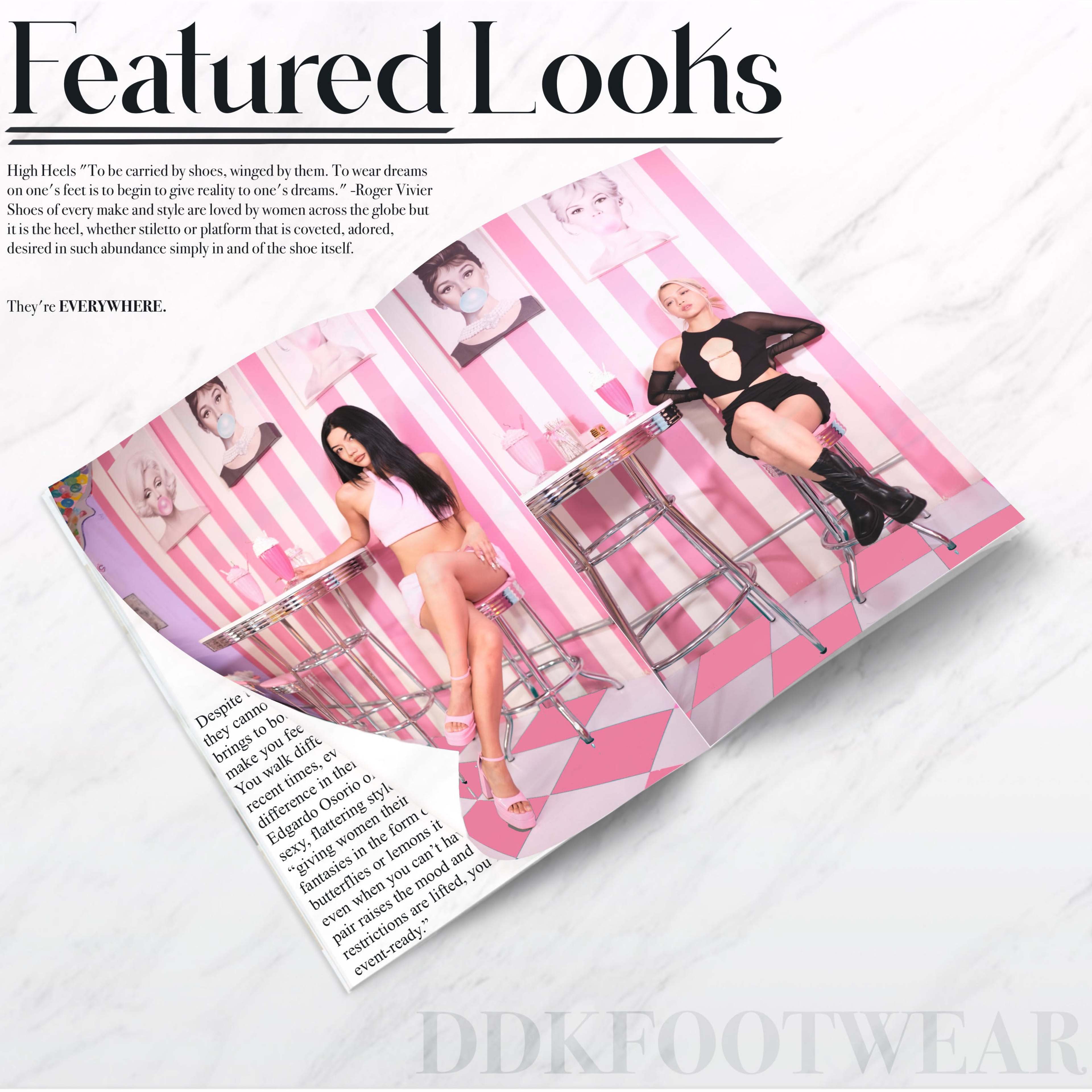 The image displays two women seated at pink tables against a striped pink wall, showcasing fashion styles featuring high heels.