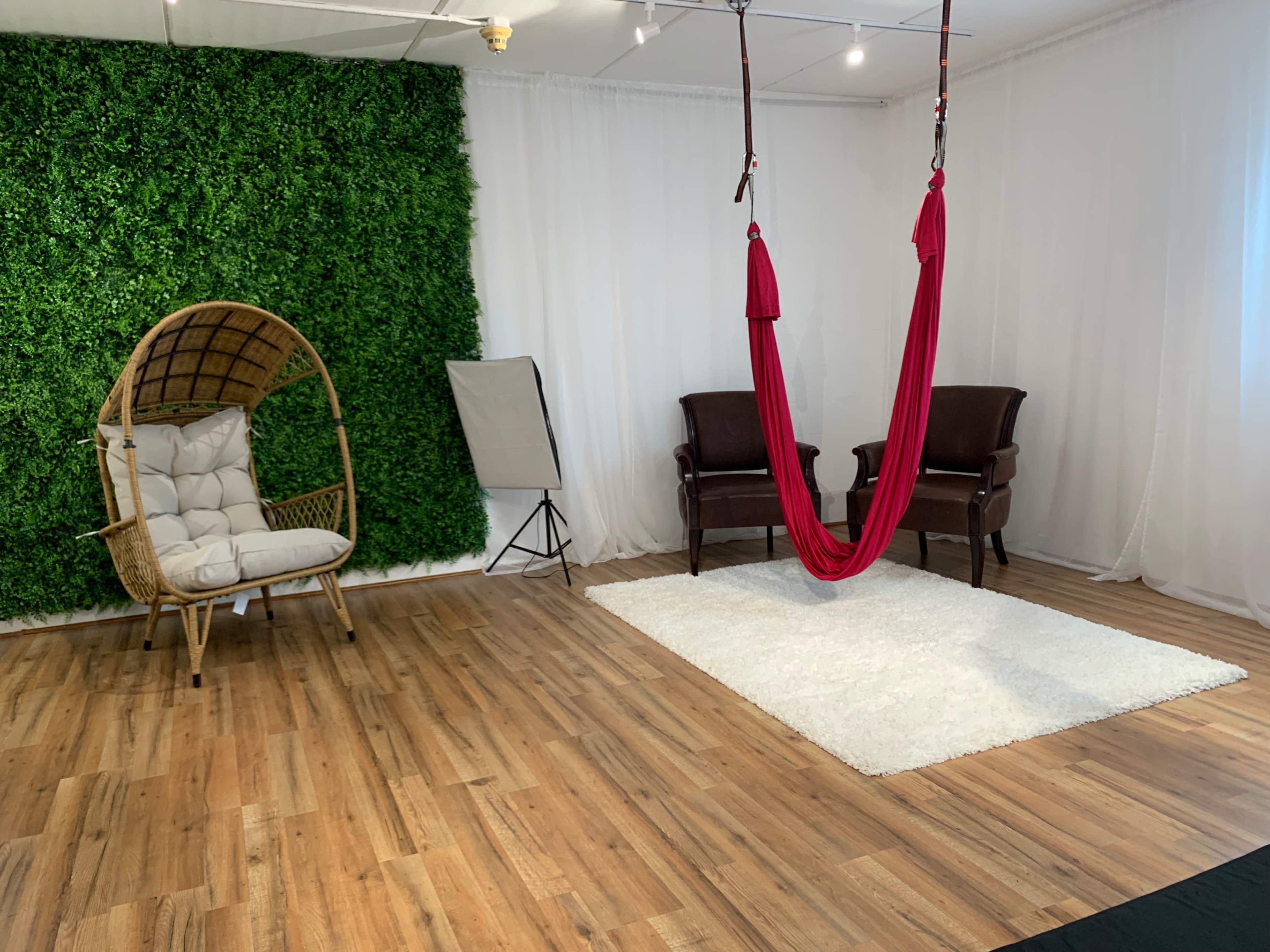 The image shows a room with green foliage on one wall, two brown chairs, a red hammock suspended from the ceiling, and a white rug on a wooden floor.