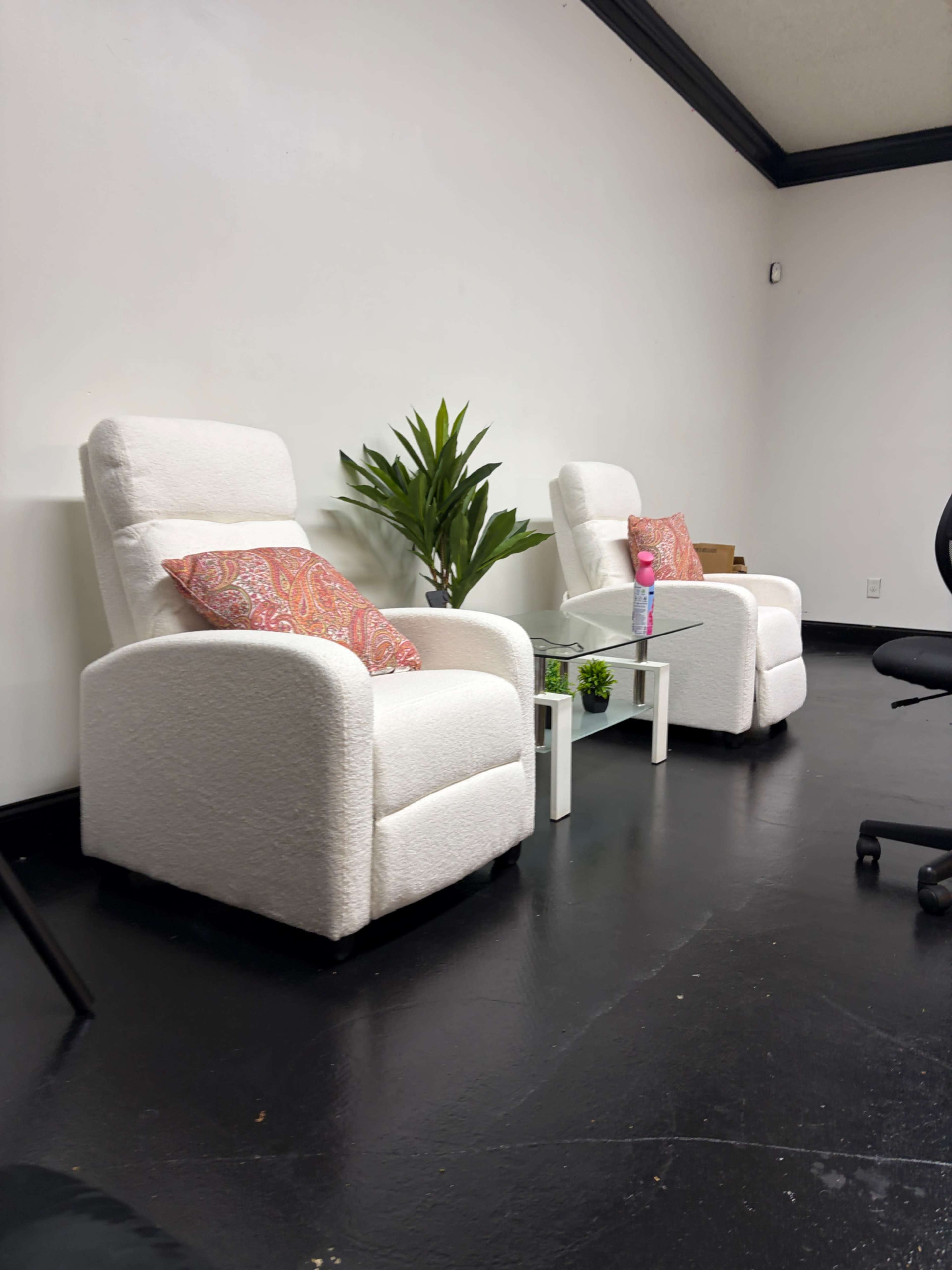 The image shows two white armchairs with decorative cushions, a small table between them, and a potted plant in a corner of a room with black flooring.