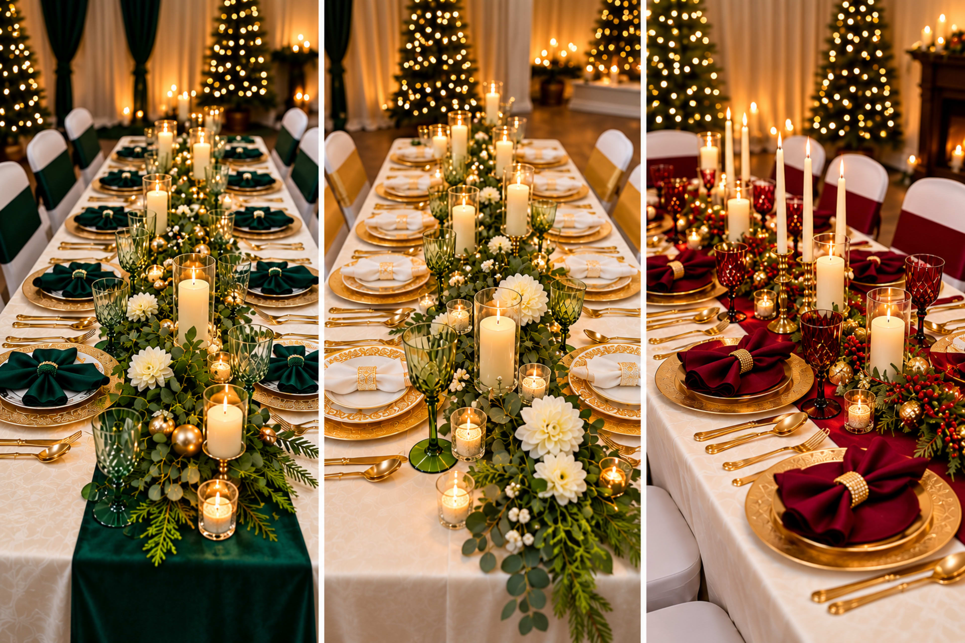 The image shows a decorated dining table for a festive event, featuring elegant table settings with flowers, candles, and seasonal decorations, surrounded by Christmas trees adorned with lights.