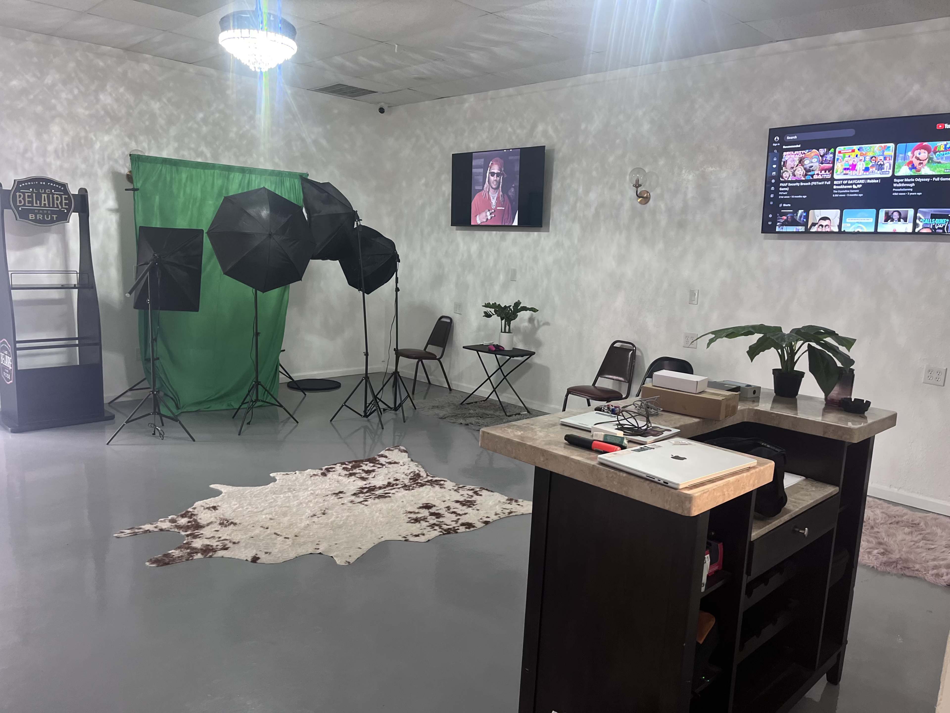 A studio setup with black photo umbrellas, a green backdrop, a TV screen displaying content, and chairs arranged in a room with a light-colored floor and a rug.