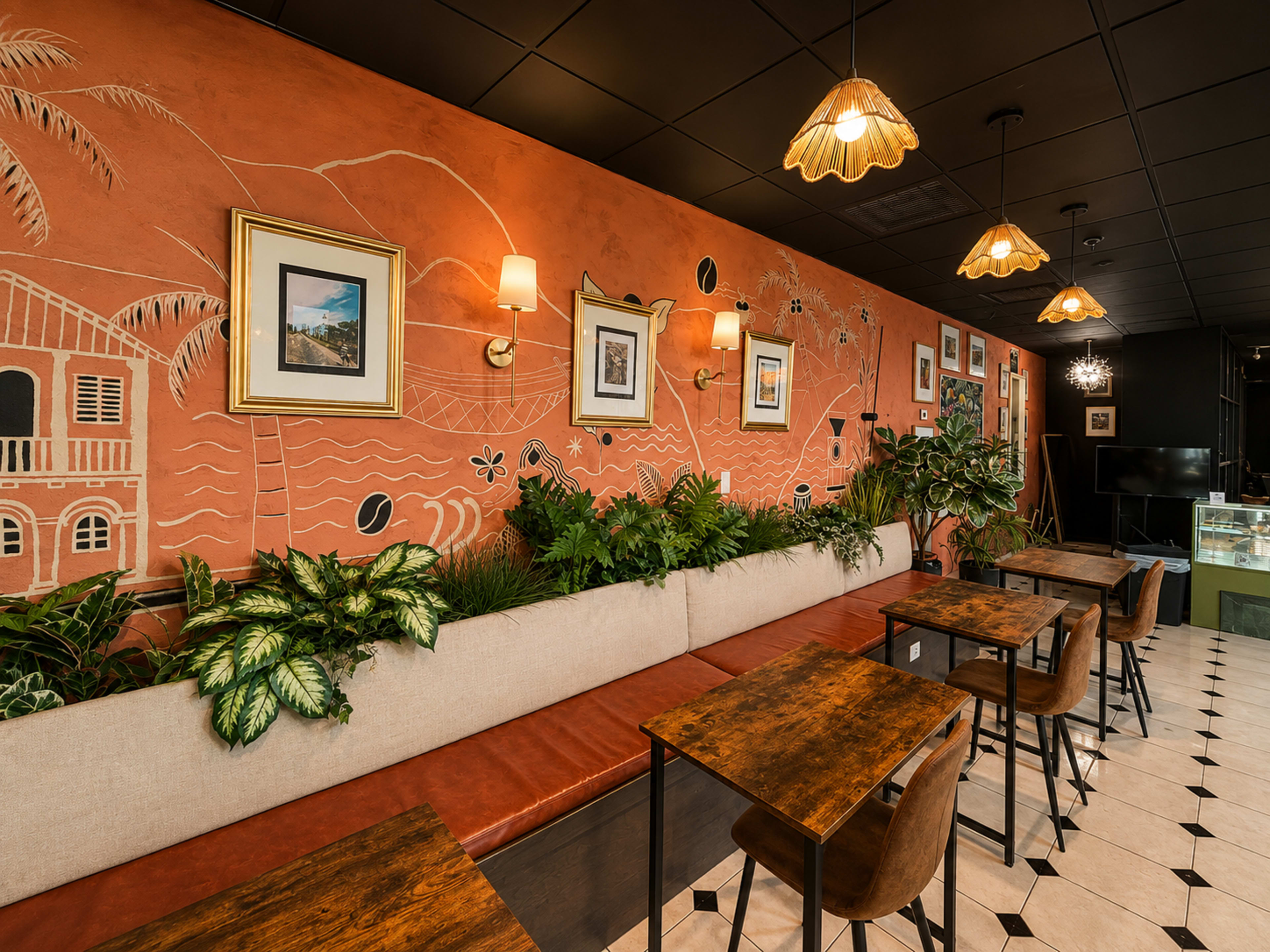 The image depicts a restaurant interior with a textured orange wall adorned with plants, framed pictures, and warm pendant lights, featuring wooden tables and dark chairs.
