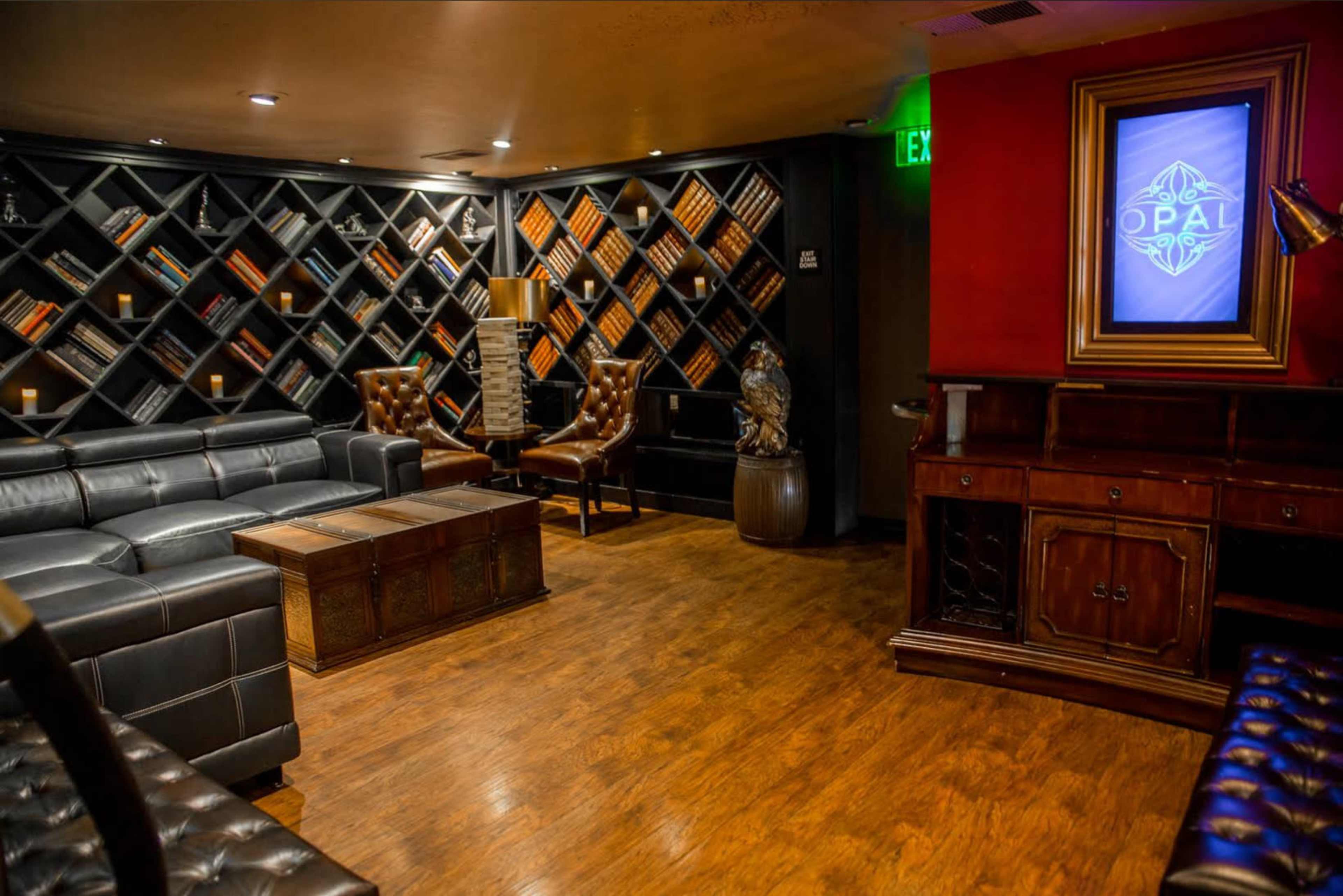 The image shows a cozy lounge area with a black leather sofa, two ornate chairs, and a wall shelf filled with books, illuminated by a blue sign that reads "OPAL."