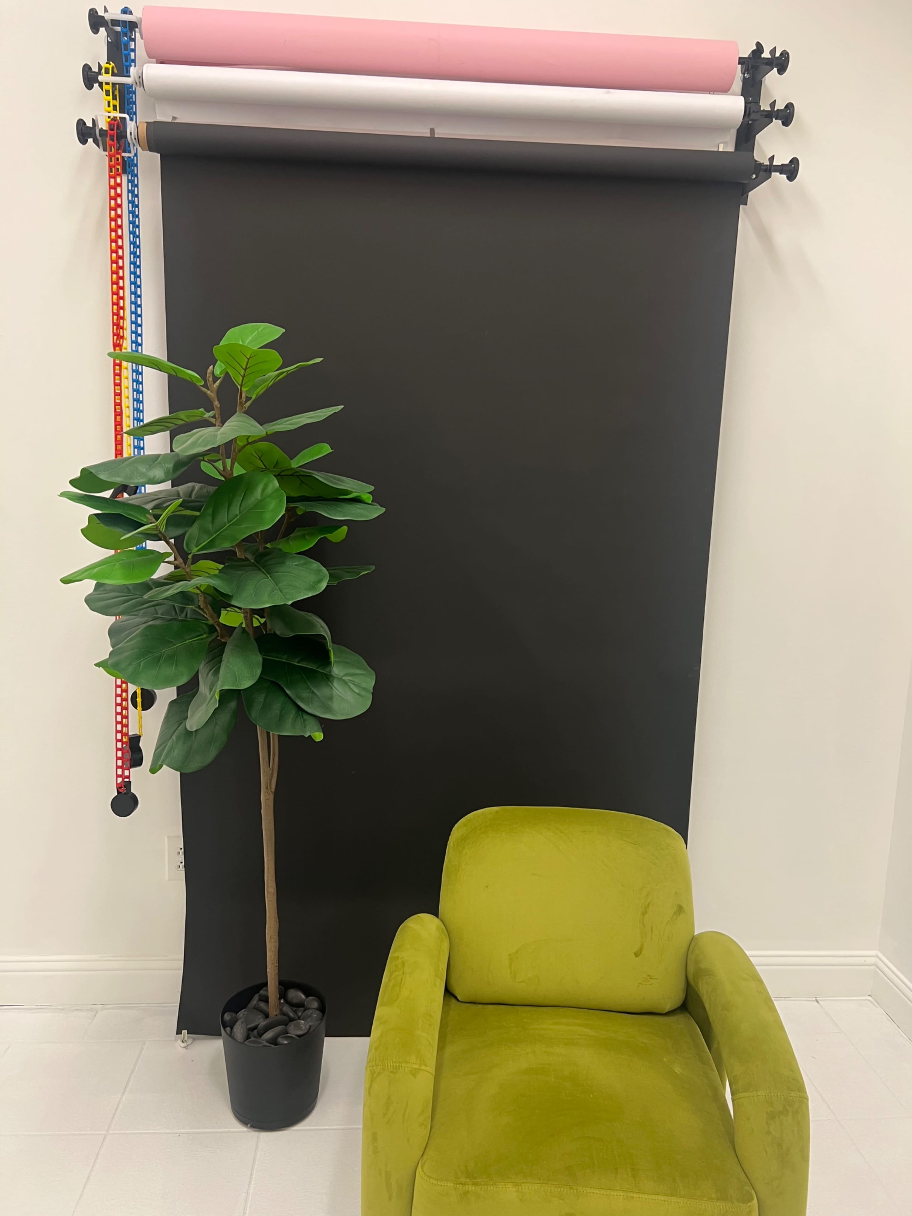 The image features a green chair positioned in front of a black backdrop, with a potted plant on one side and colorful backdrop rolls above.