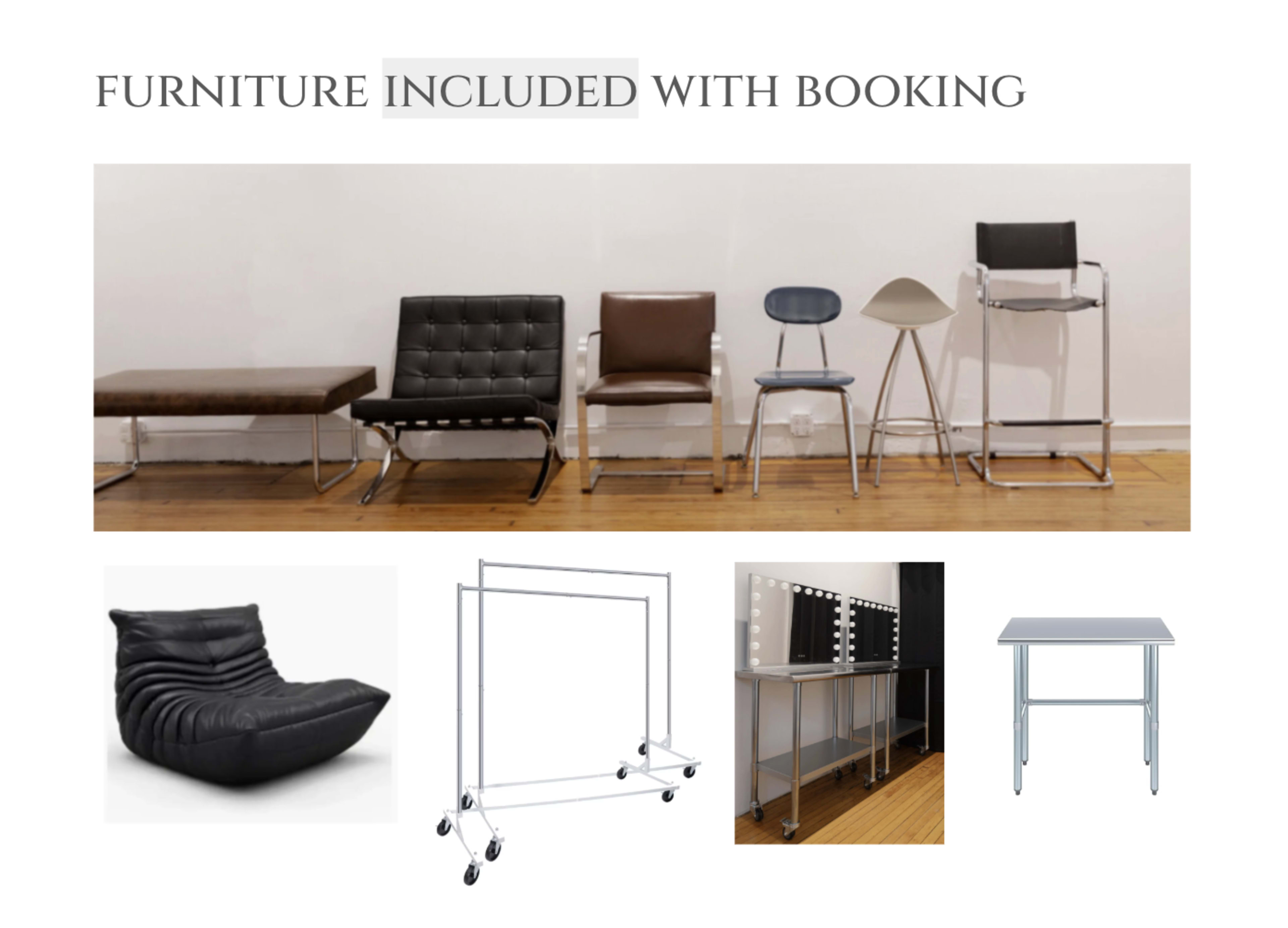 The image displays a selection of furniture items available with a booking, including various chairs, a bench, and a mirror table setup.