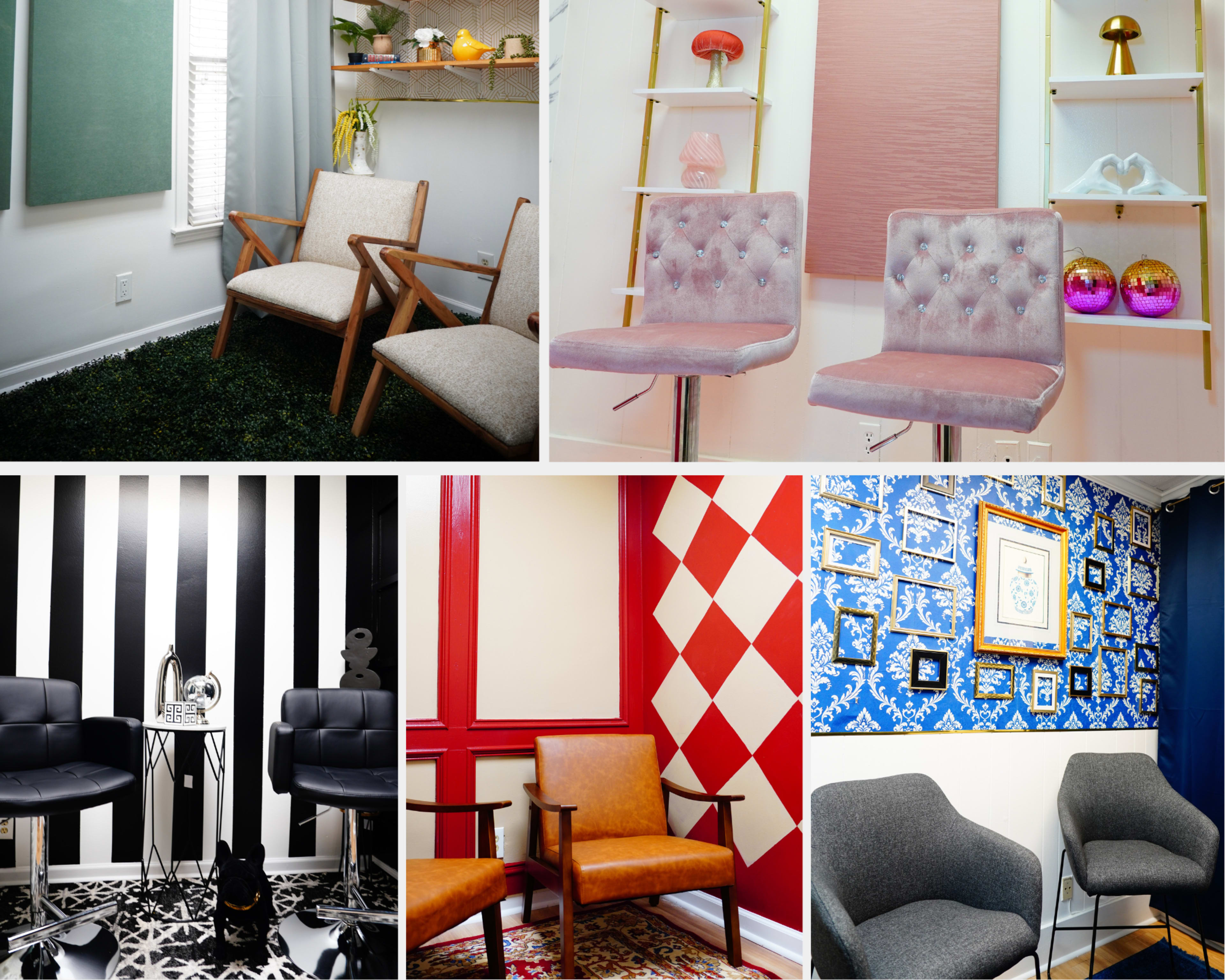 Six distinct seating areas with various styles, including modern chairs and decorative walls in different colors and patterns.
