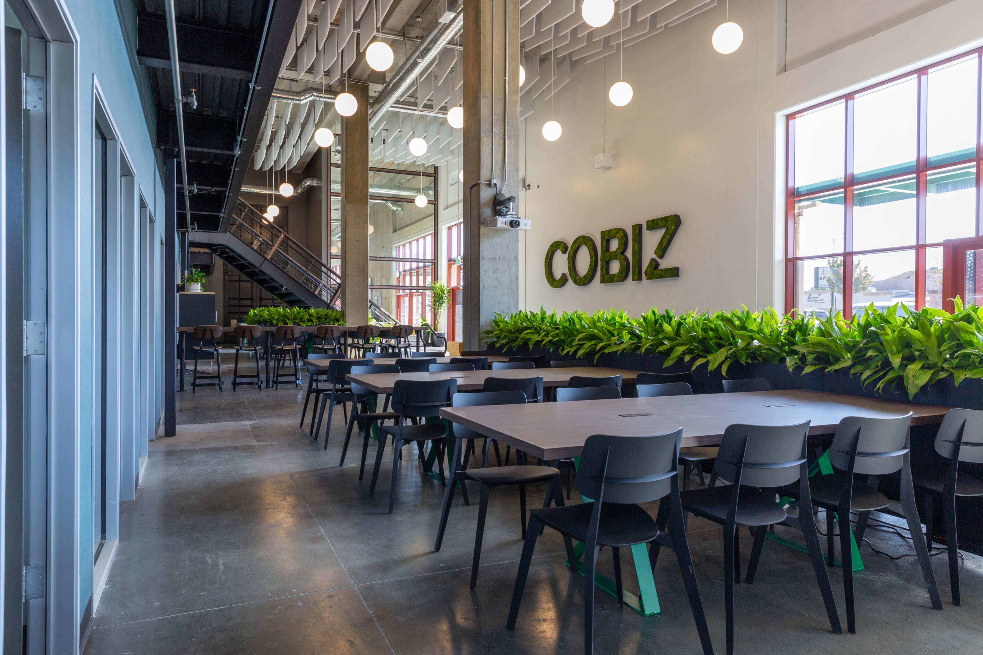 A spacious, modern coworking space with tables and chairs arranged under large windows and green plants along the walls.