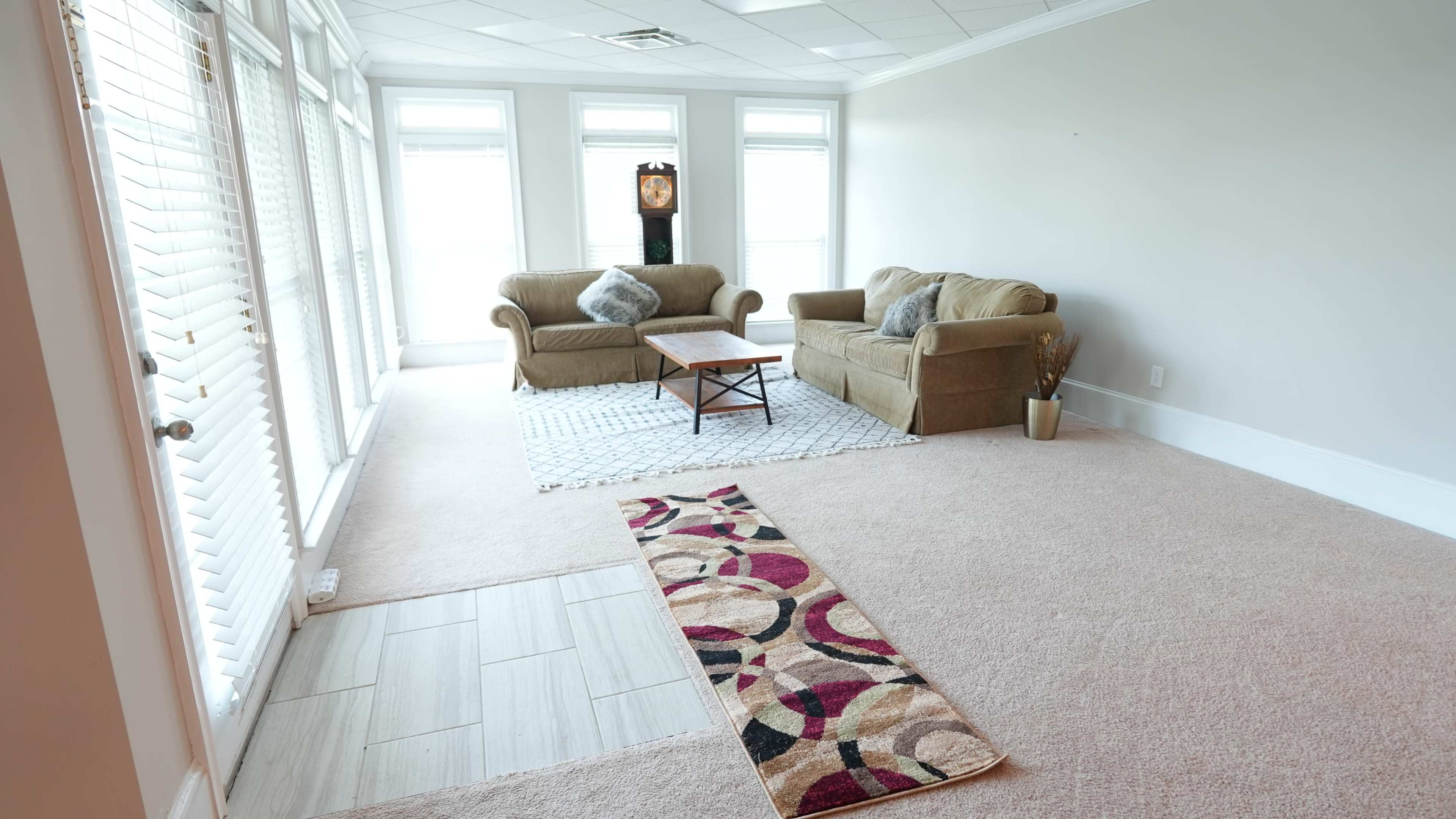 The image shows a spacious living room with two couches, a coffee table, and a patterned rug on the carpeted floor.