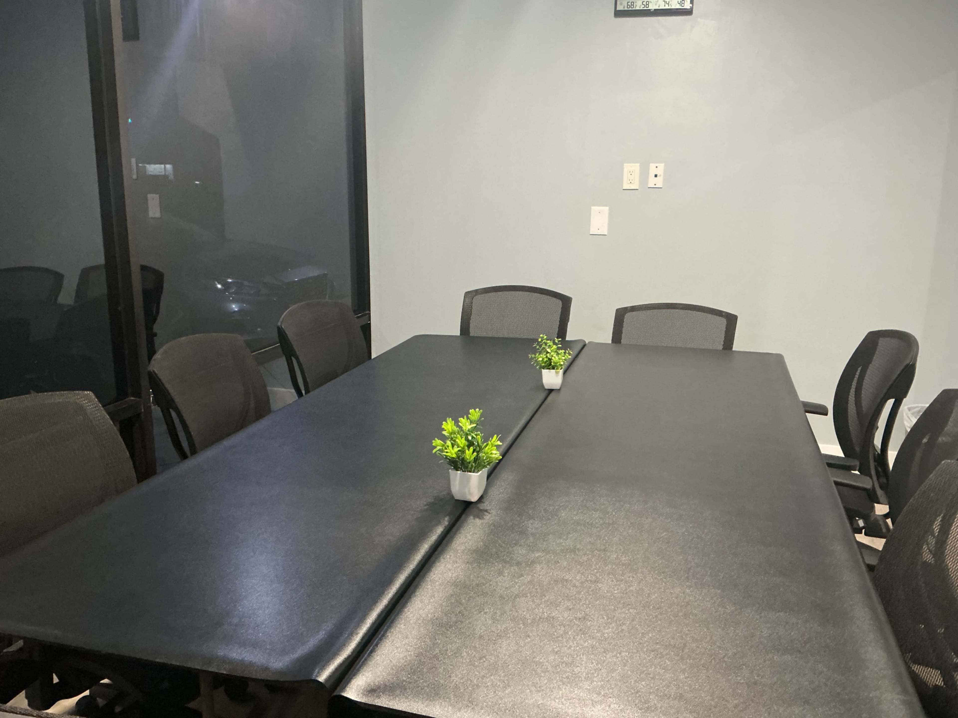 A large conference room table is set with potted plants, surrounded by office chairs, and dimly lit by an outside source.