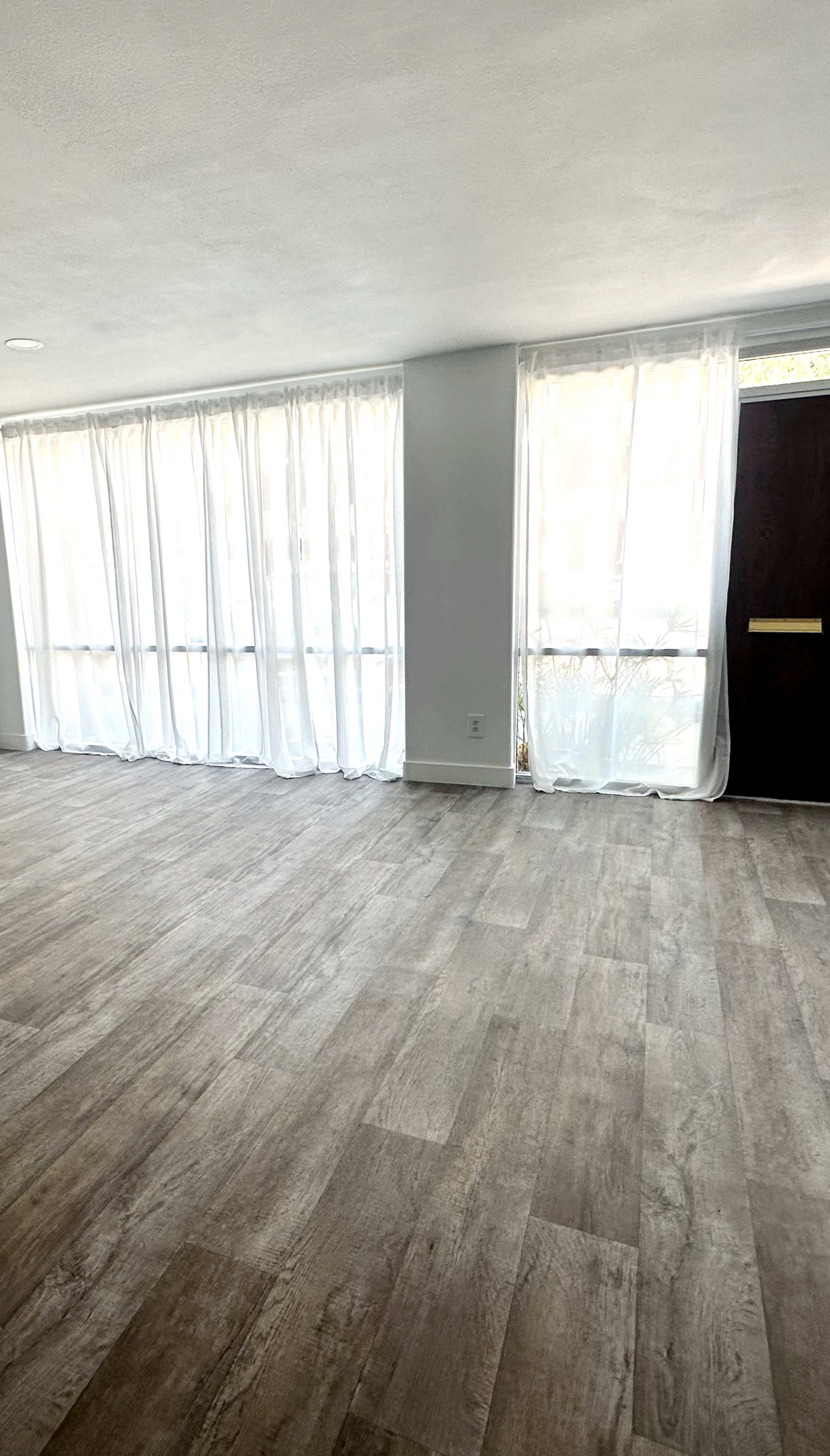 A spacious room with large windows draped in sheer white curtains and a dark entrance door.