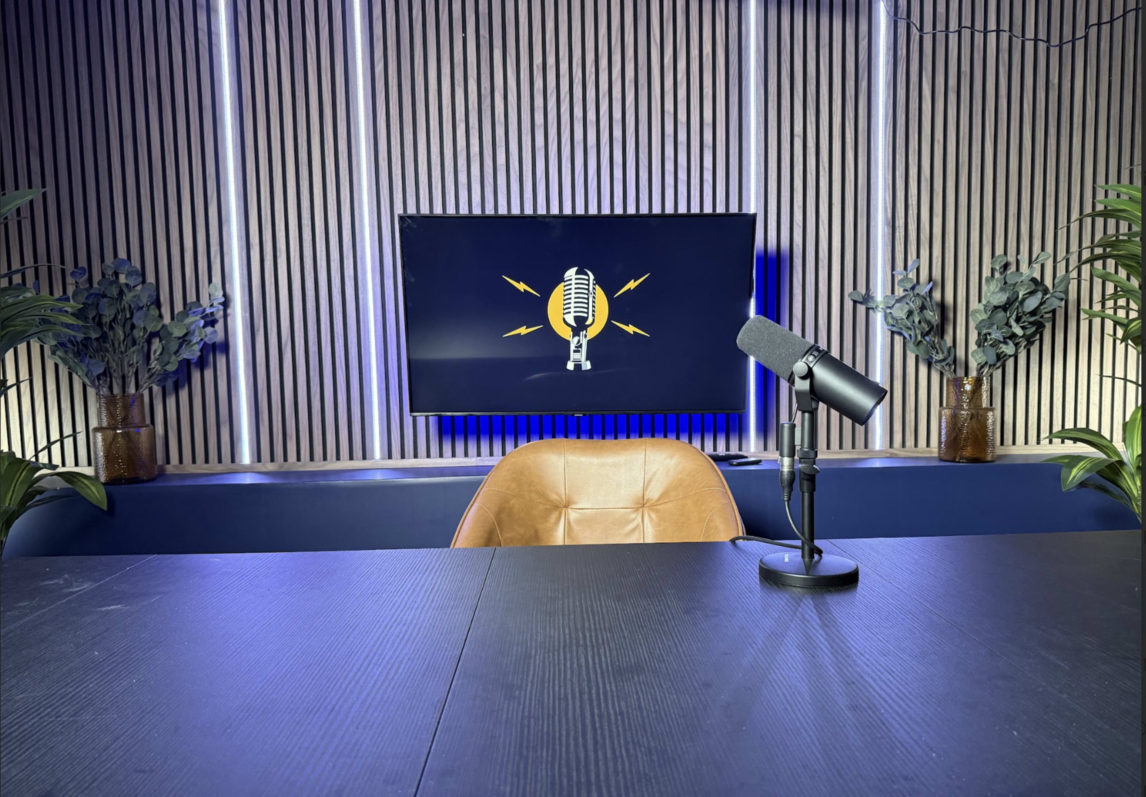 The image shows a well-lit studio setup with a microphone and a leather chair in front of a screen displaying a microphone graphic.