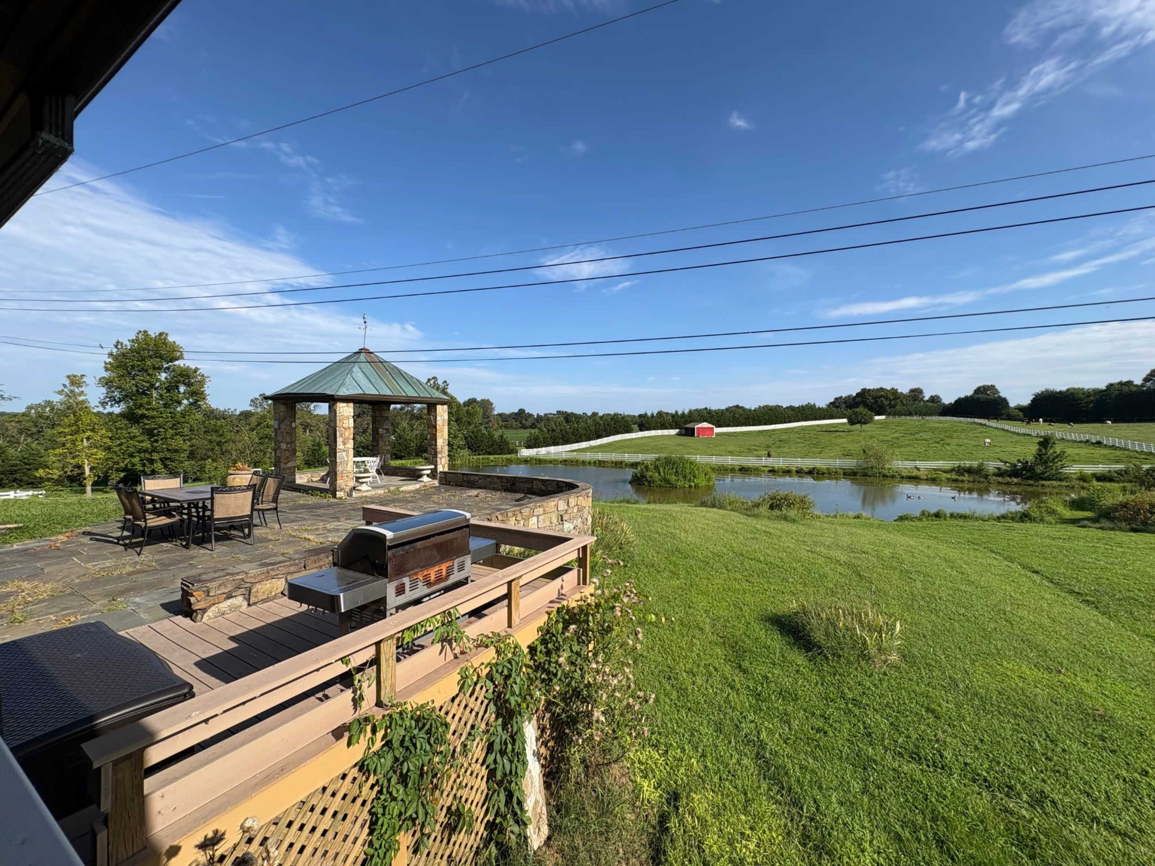 The image shows a patio area with a grill and furniture, overlooking a pond surrounded by green fields and trees under a clear blue sky.