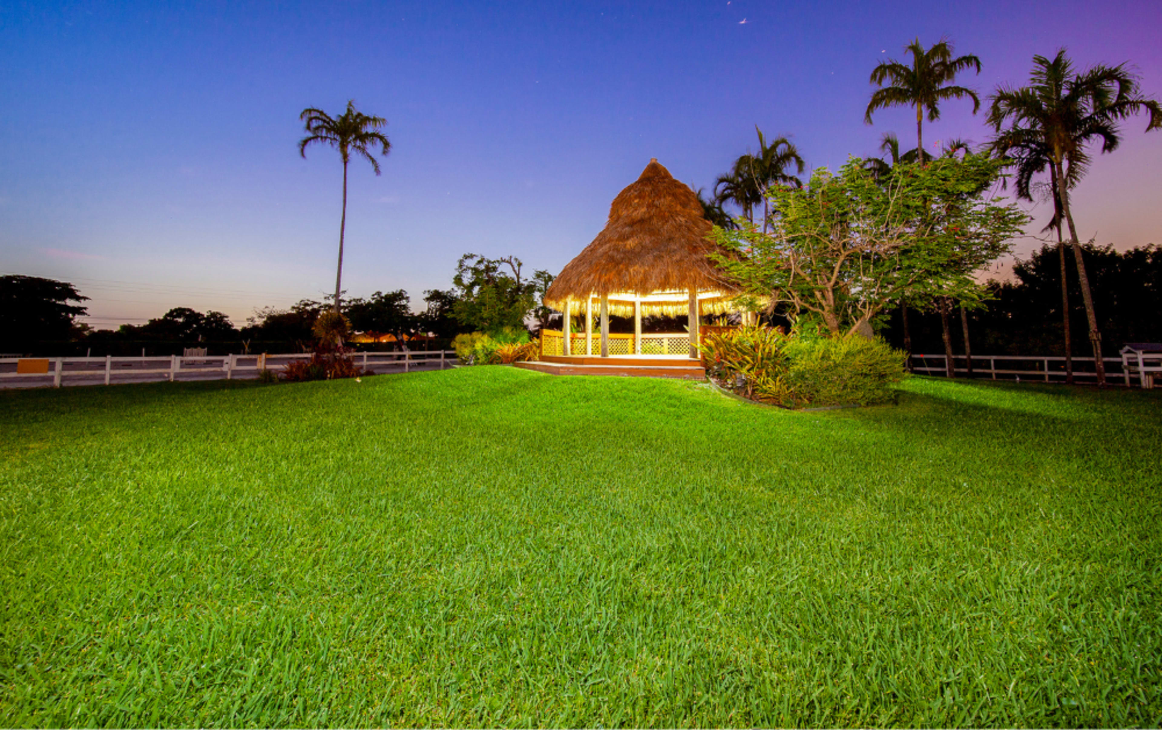 A thatched-roof gazebo is surrounded by lush green grass and palm trees under a twilight sky.