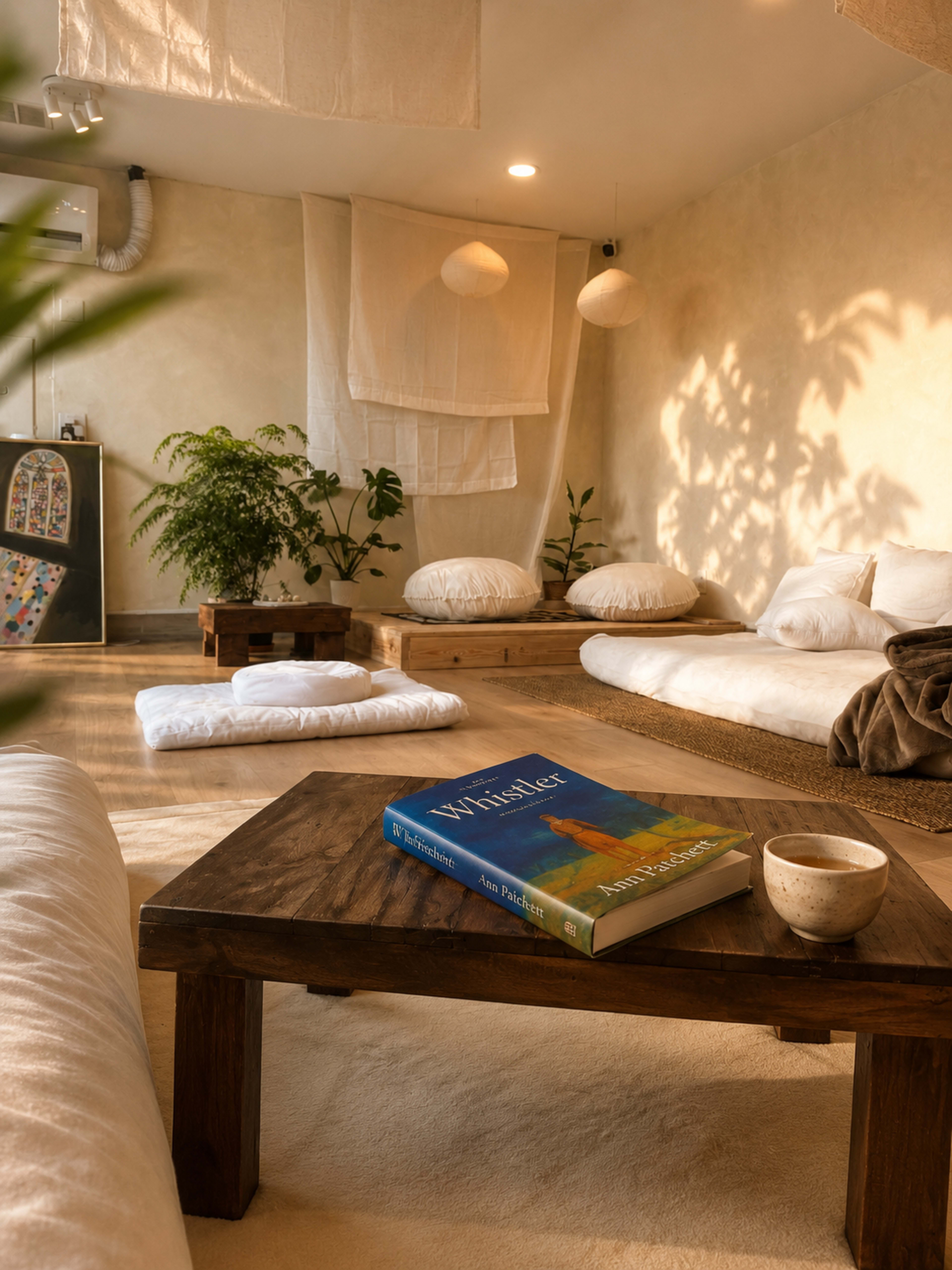 The image shows a cozy, minimalist interior space with a low wooden table, a book on top, floor cushions, and plants adorning the room.