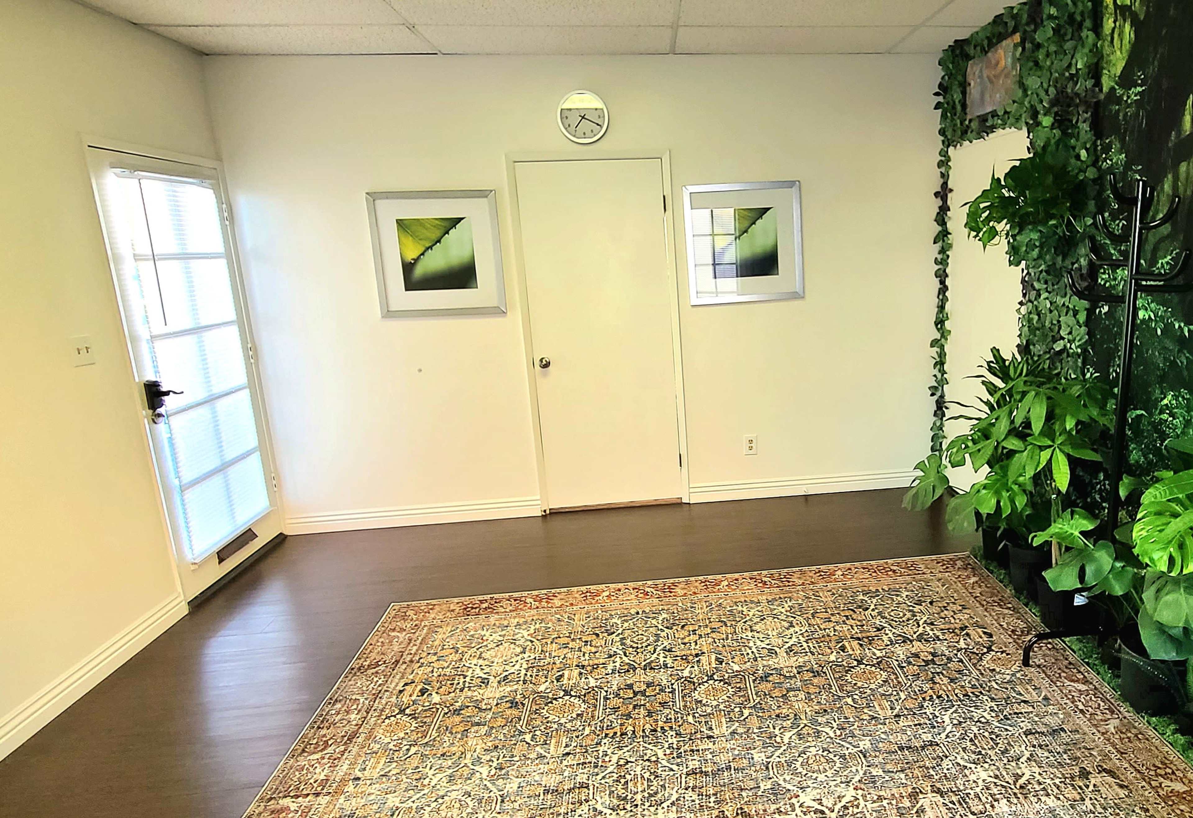 A bright room featuring potted plants, two framed artworks on the wall, a clock, and a patterned rug on the floor.