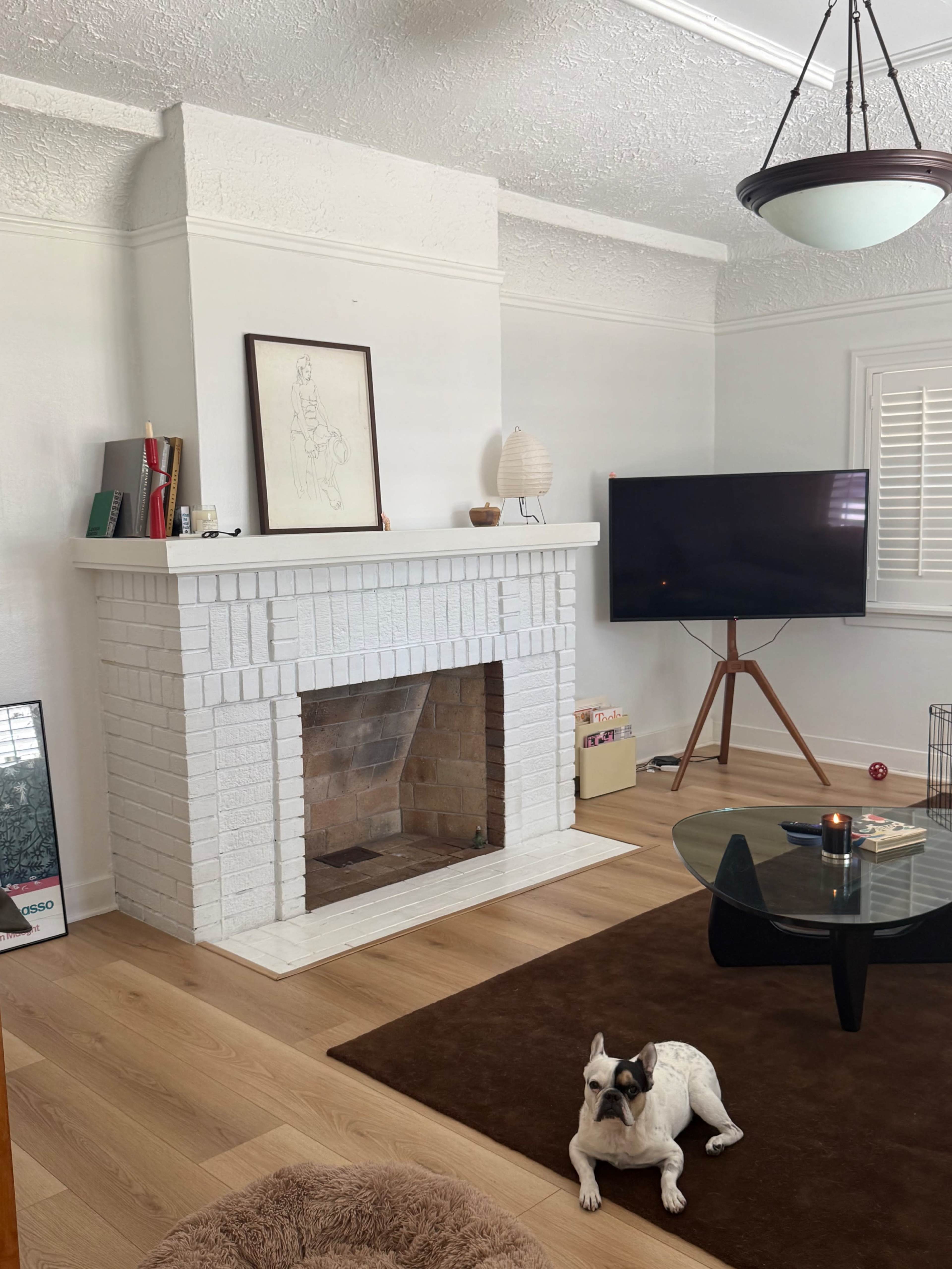 The image shows a cozy living room featuring a white-brick fireplace, a black TV on a wooden stand, a round glass coffee table, a brown rug, and a sleeping dog on the floor.