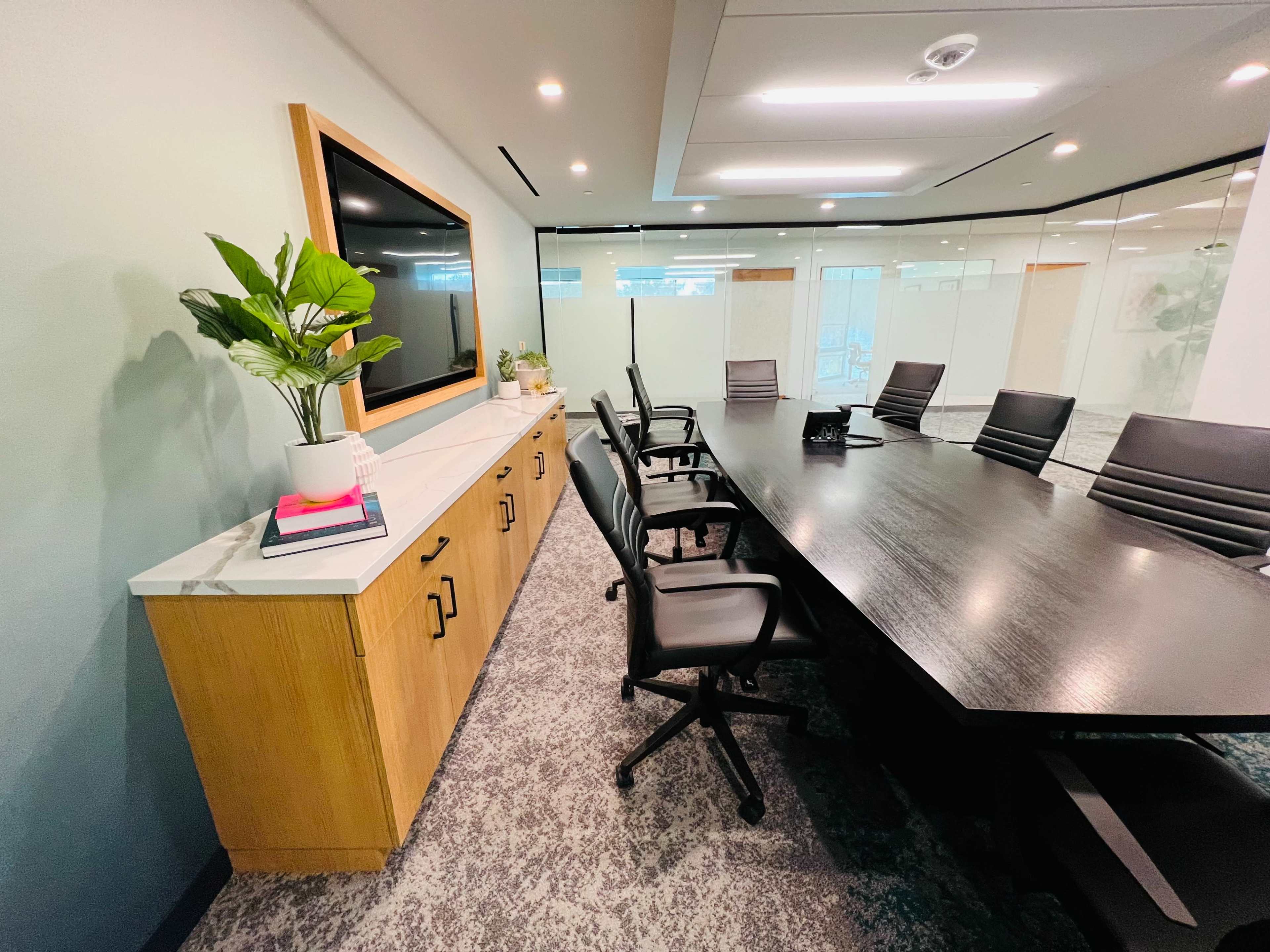 A modern conference room features a long black table surrounded by ergonomic chairs, with a wall-mounted TV and a plant on a side cabinet.
