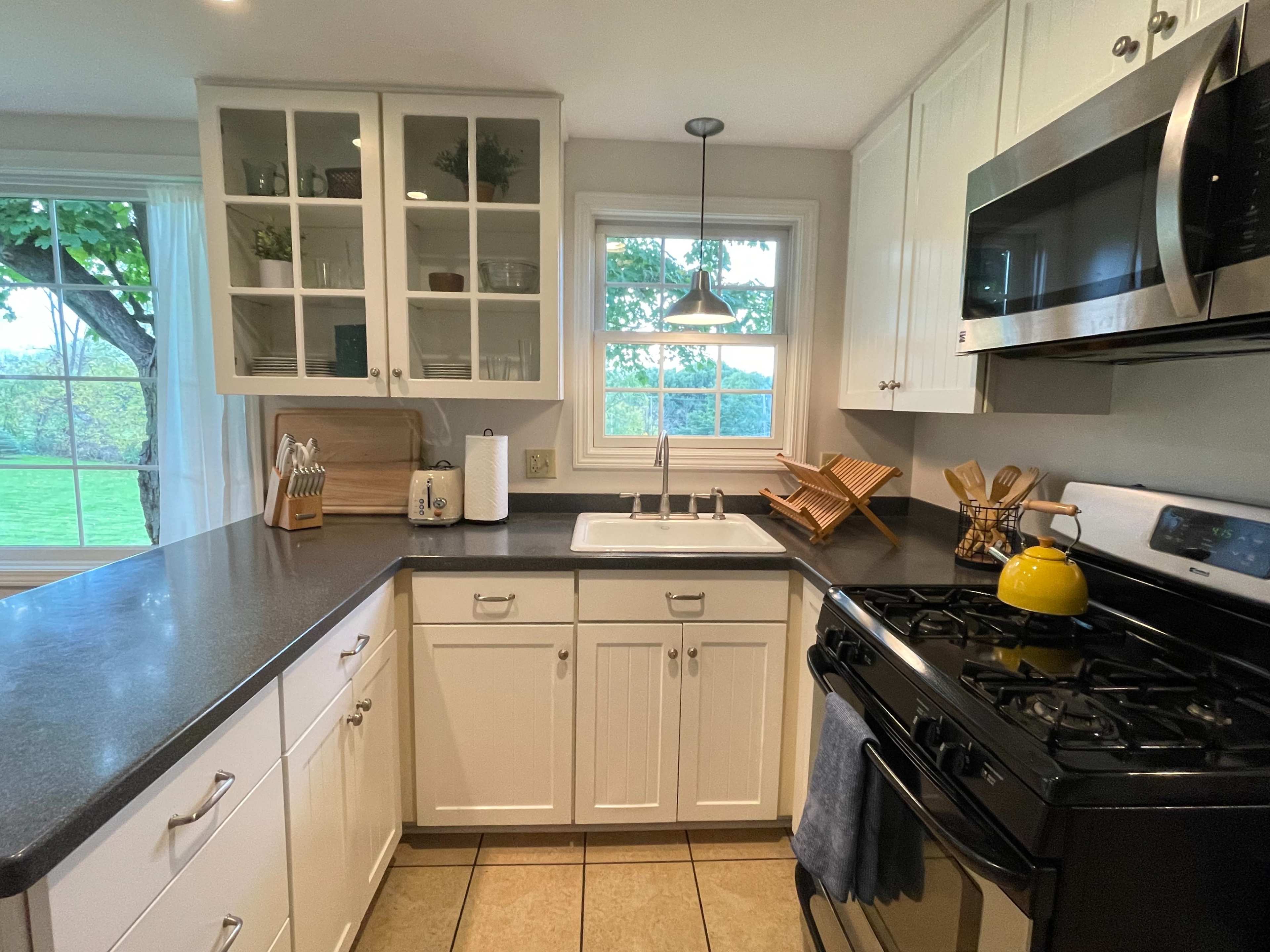 A modern kitchen features white cabinetry, a stainless steel microwave, and a gas stove, with a sink beneath a window overlooking a green outdoor view.
