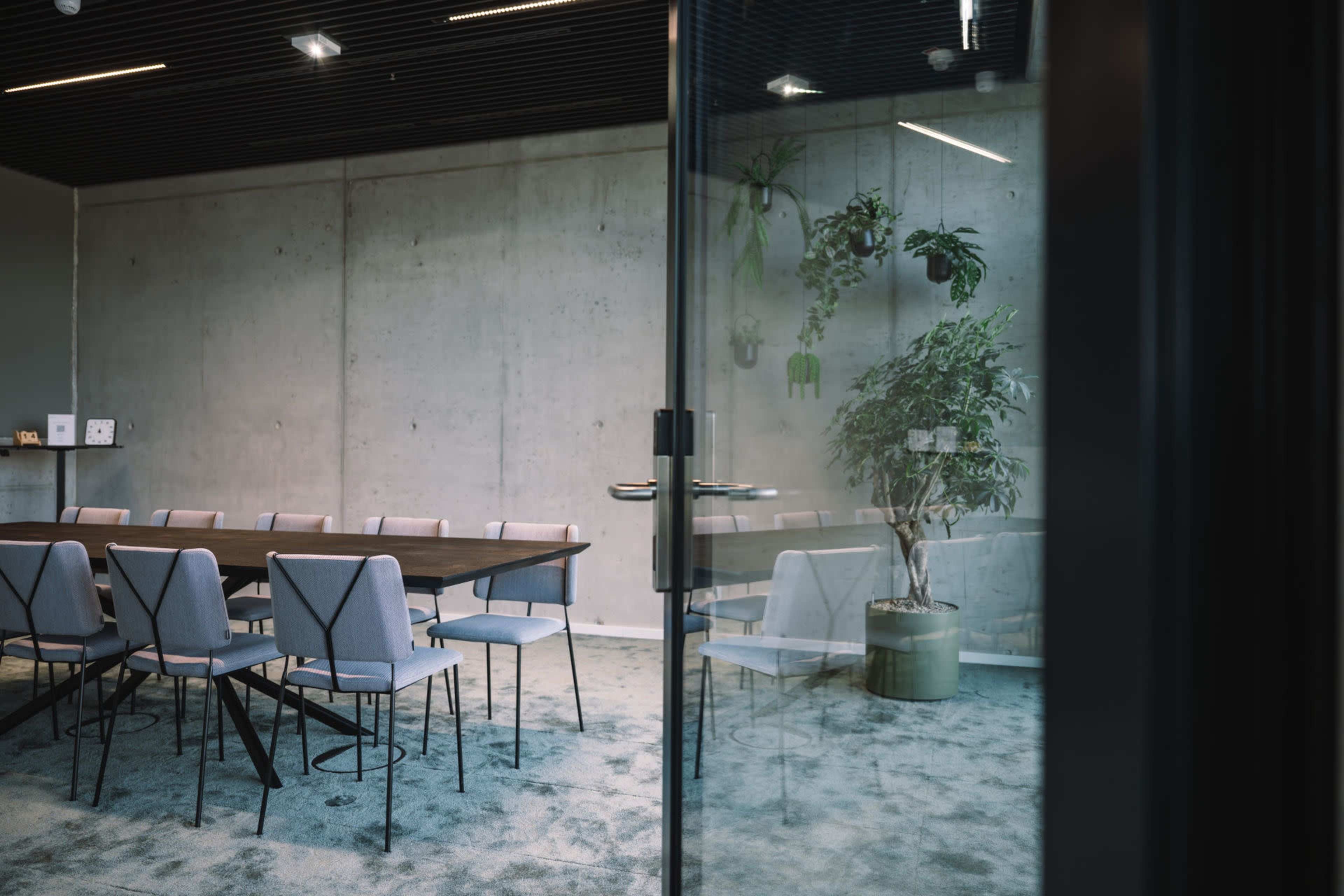 A modern conference room features a long wooden table surrounded by gray chairs, with concrete walls and a large potted plant in the corner.