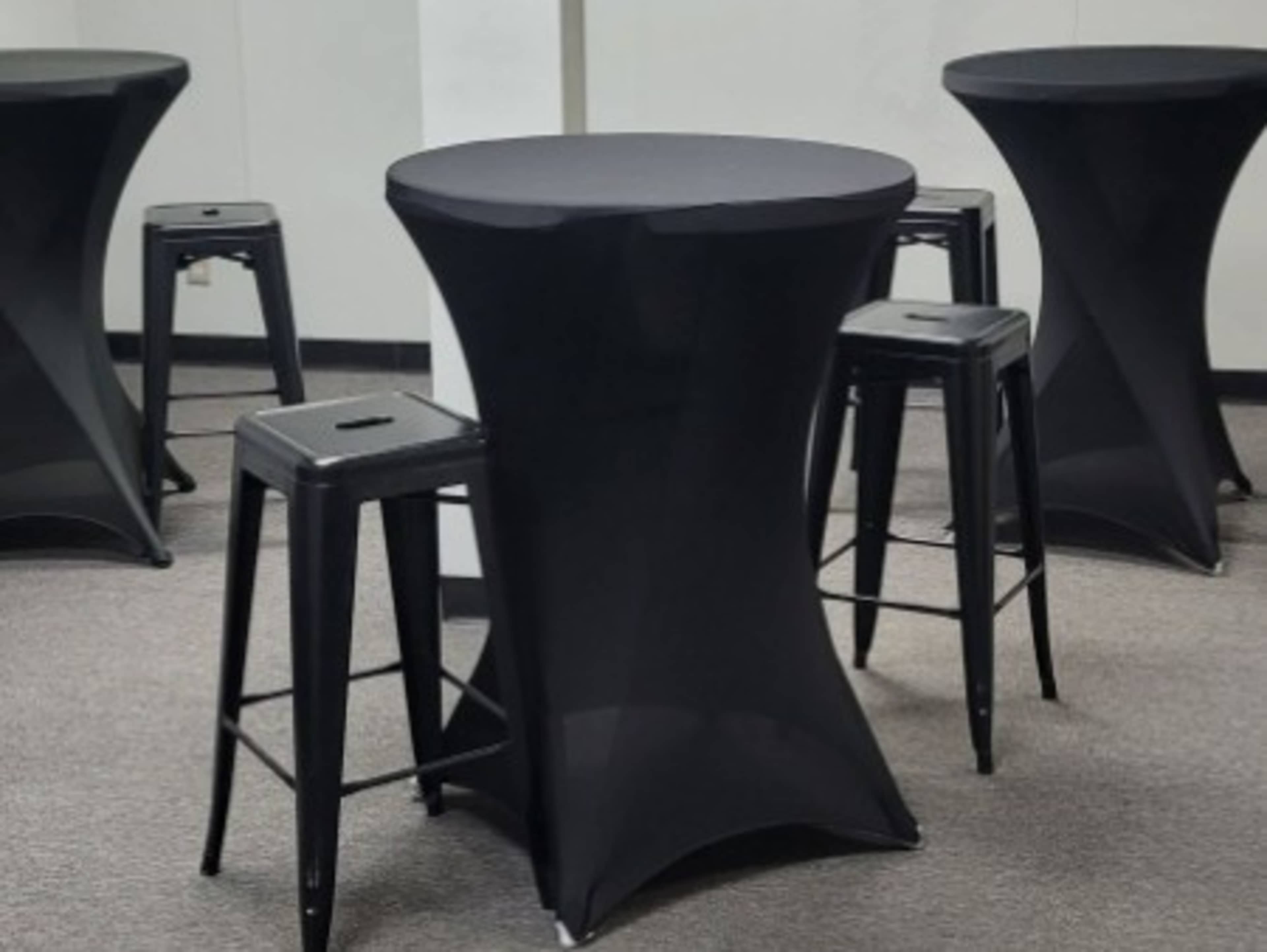 Hi-Boy Tables (w/ Black Cover + Barstools)